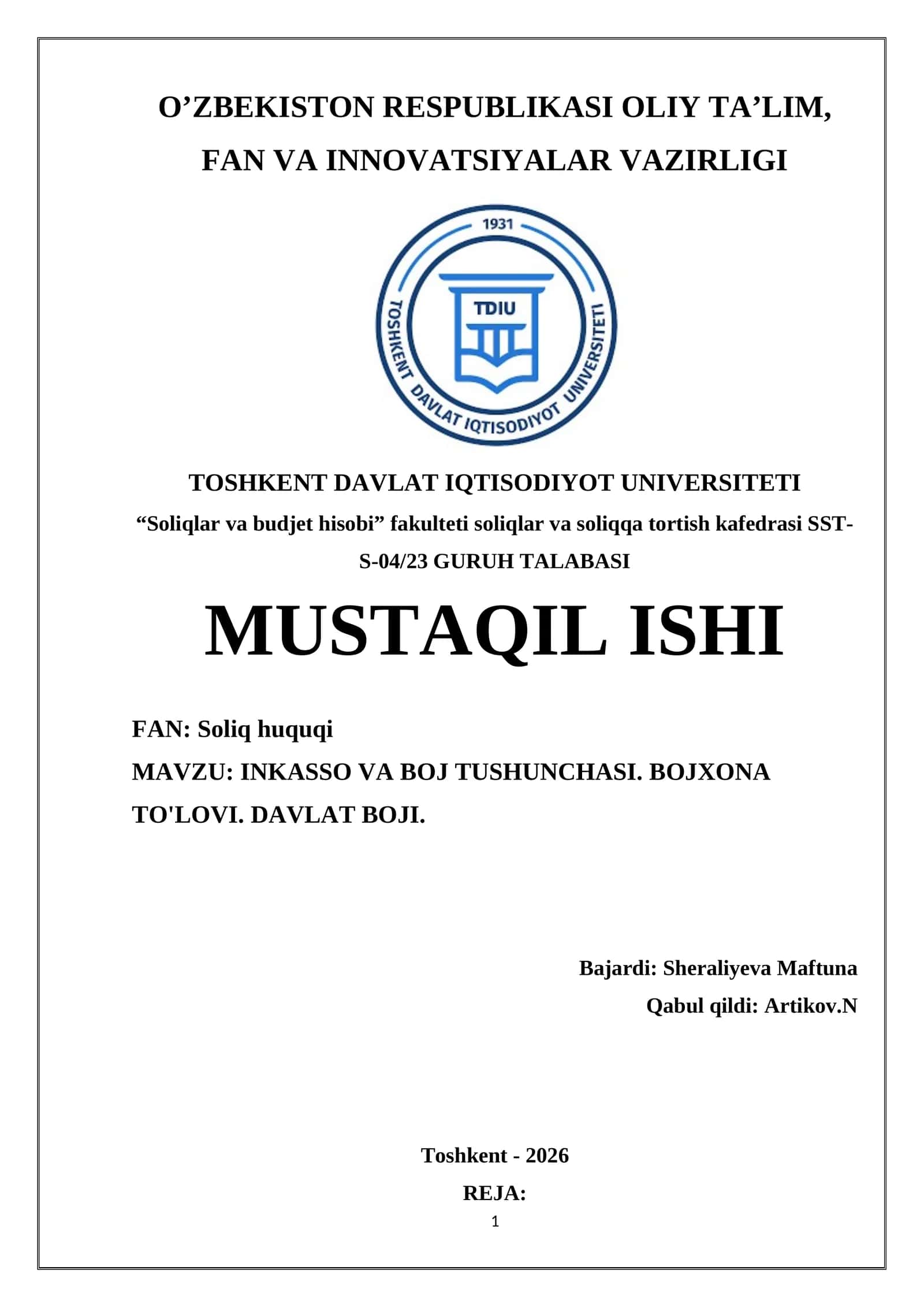 INKASSO VA BOJ TUSHUNCHASI. BOJXONA TO'LOVI. DAVLAT BOJI