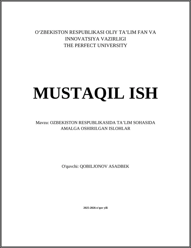 O‘ZBEKISTON RESPUBLIKASI OLIY TA’LIM FAN VA INNOVATSIYA VAZIRLIGI