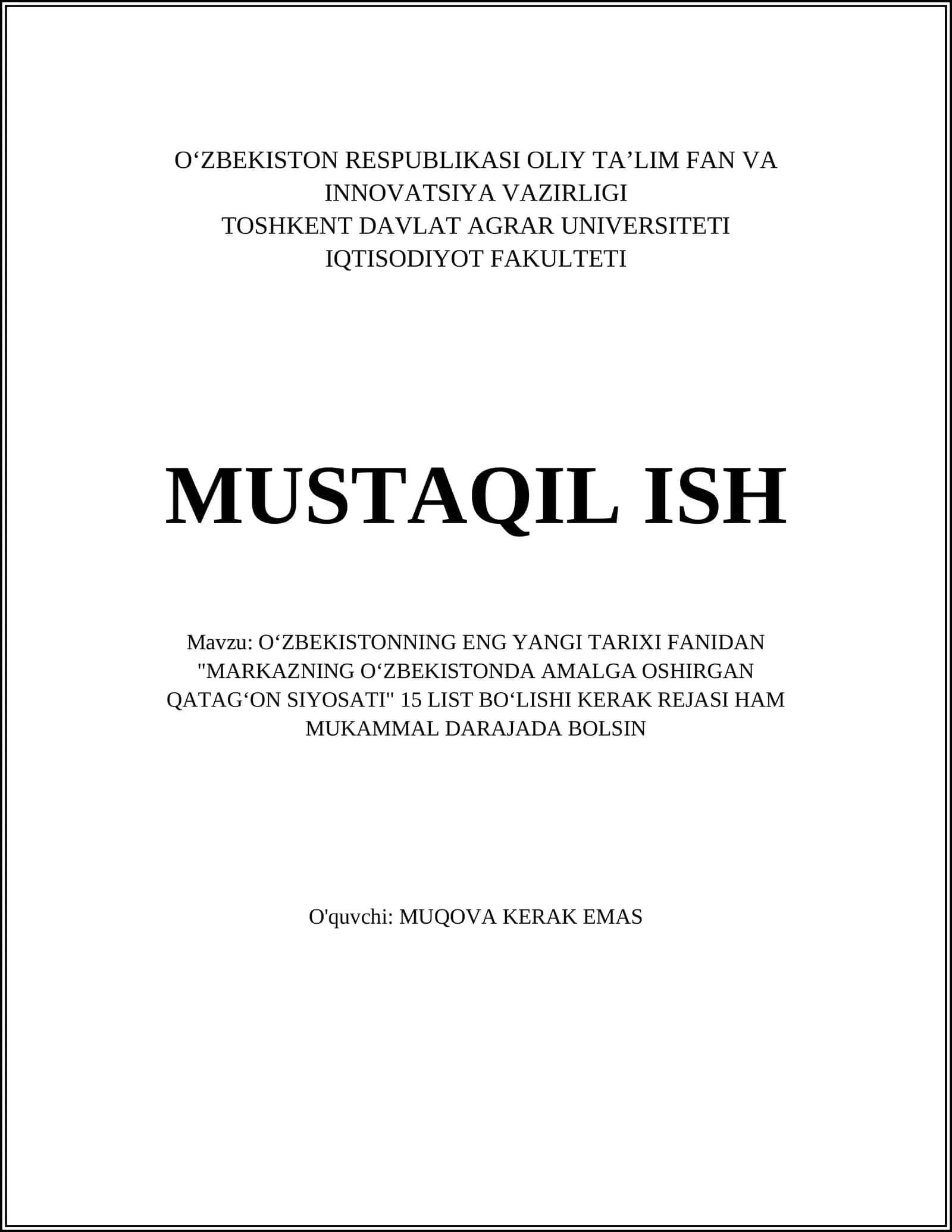 "Markazning Oʻzbekistonda amalga oshirgan qatagʻon siyosati"