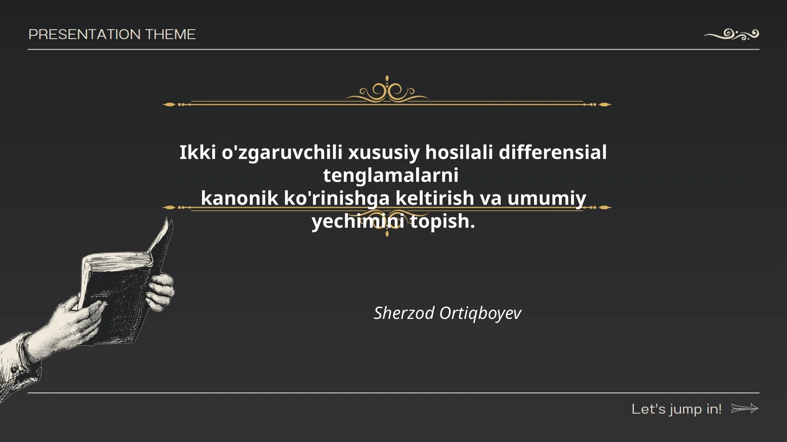 Ikki o'zgaruvchili xususiy hosilali differensial tenglamalarni kanonik ko'rinishga keltirish va umumiy yechimini topish