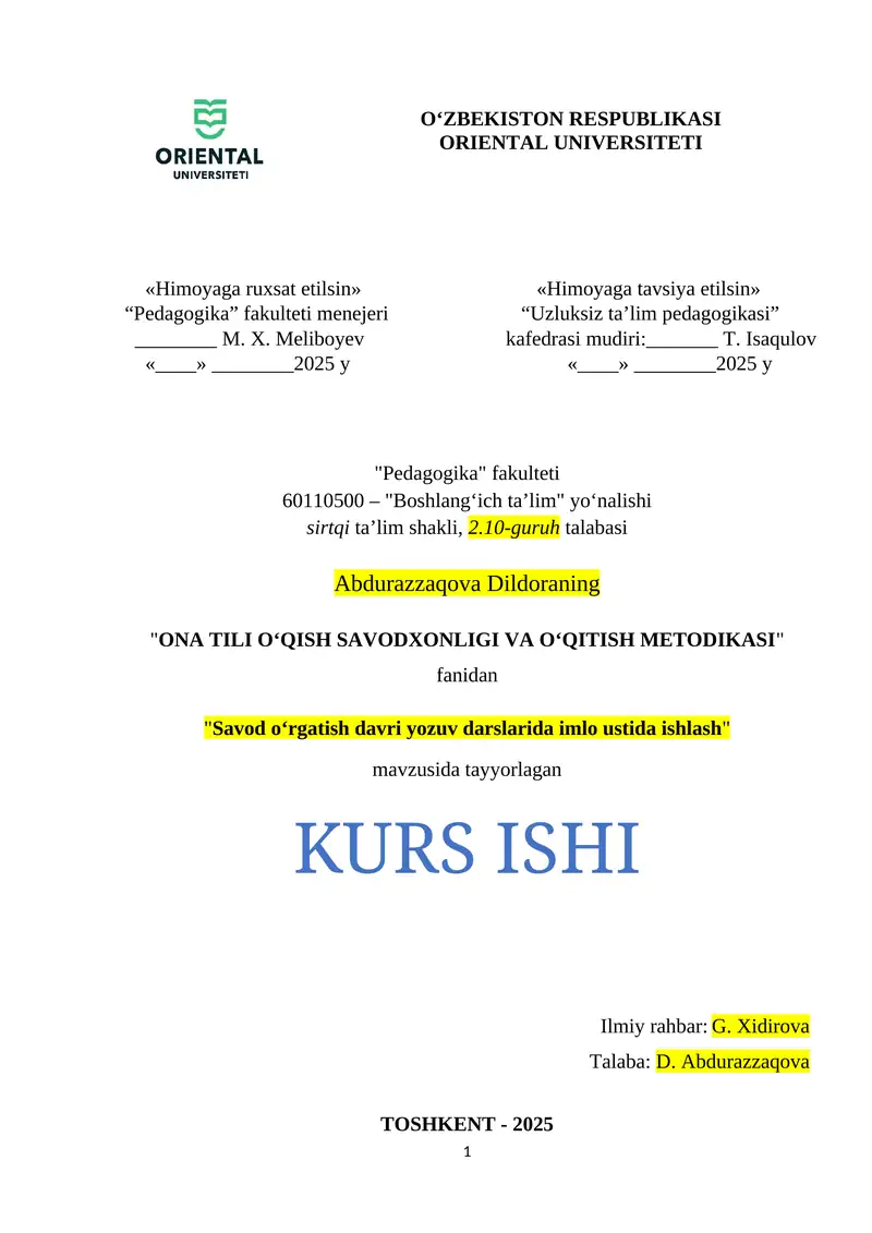 Savod o‘rgatish davri yozuv darslarida imlo ustida ishlash