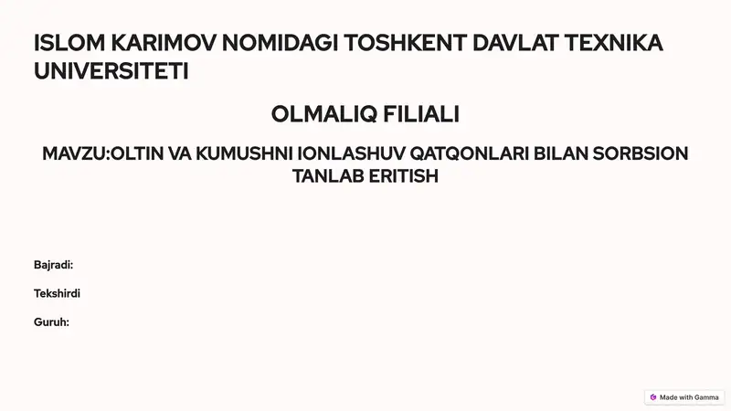 OLTIN VA KUMUSHNI IONLASHUV QATQONLARI BILAN SORBSION TANLAB ERITISH