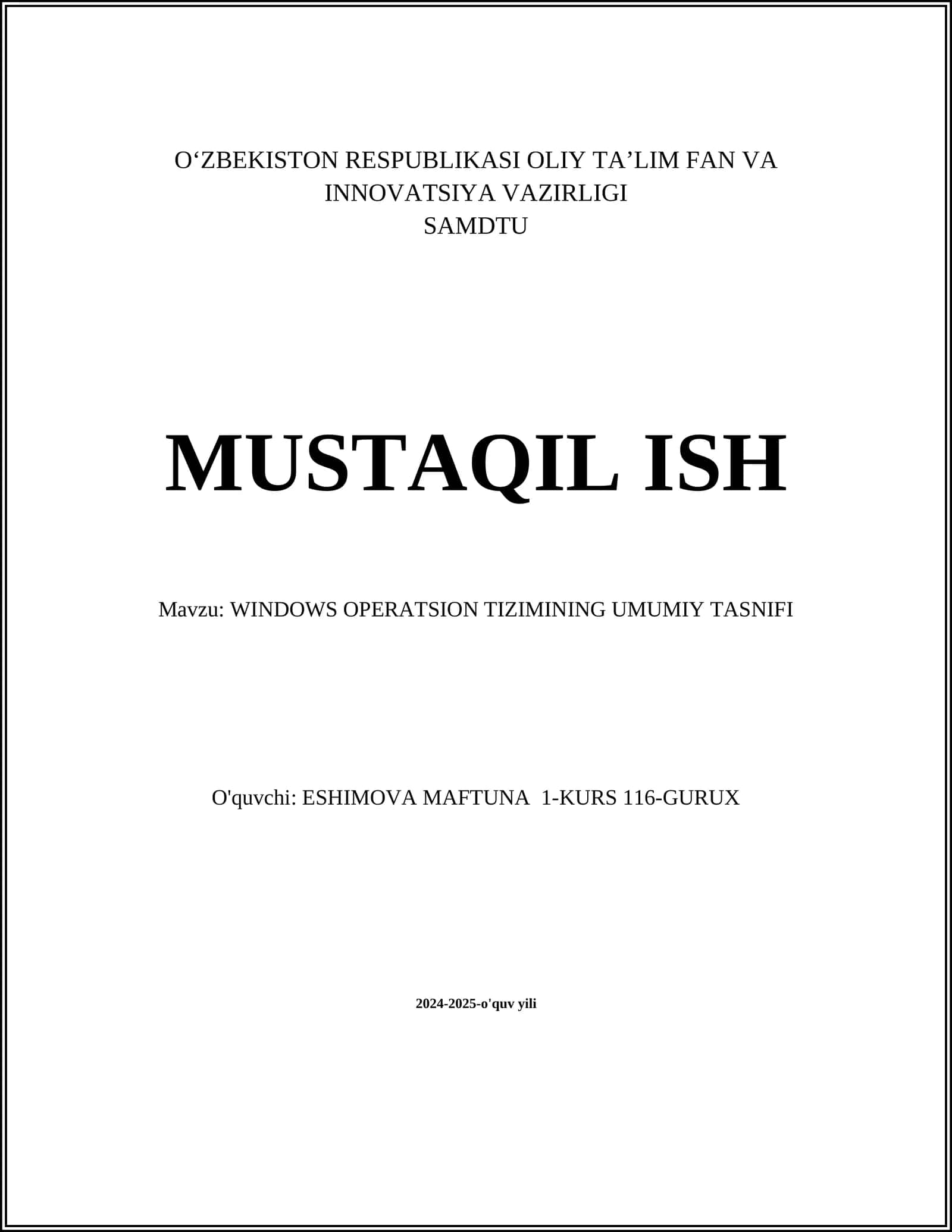 WINDOWS OPERATSION TIZIMINING UMUMIY TASNIFI
