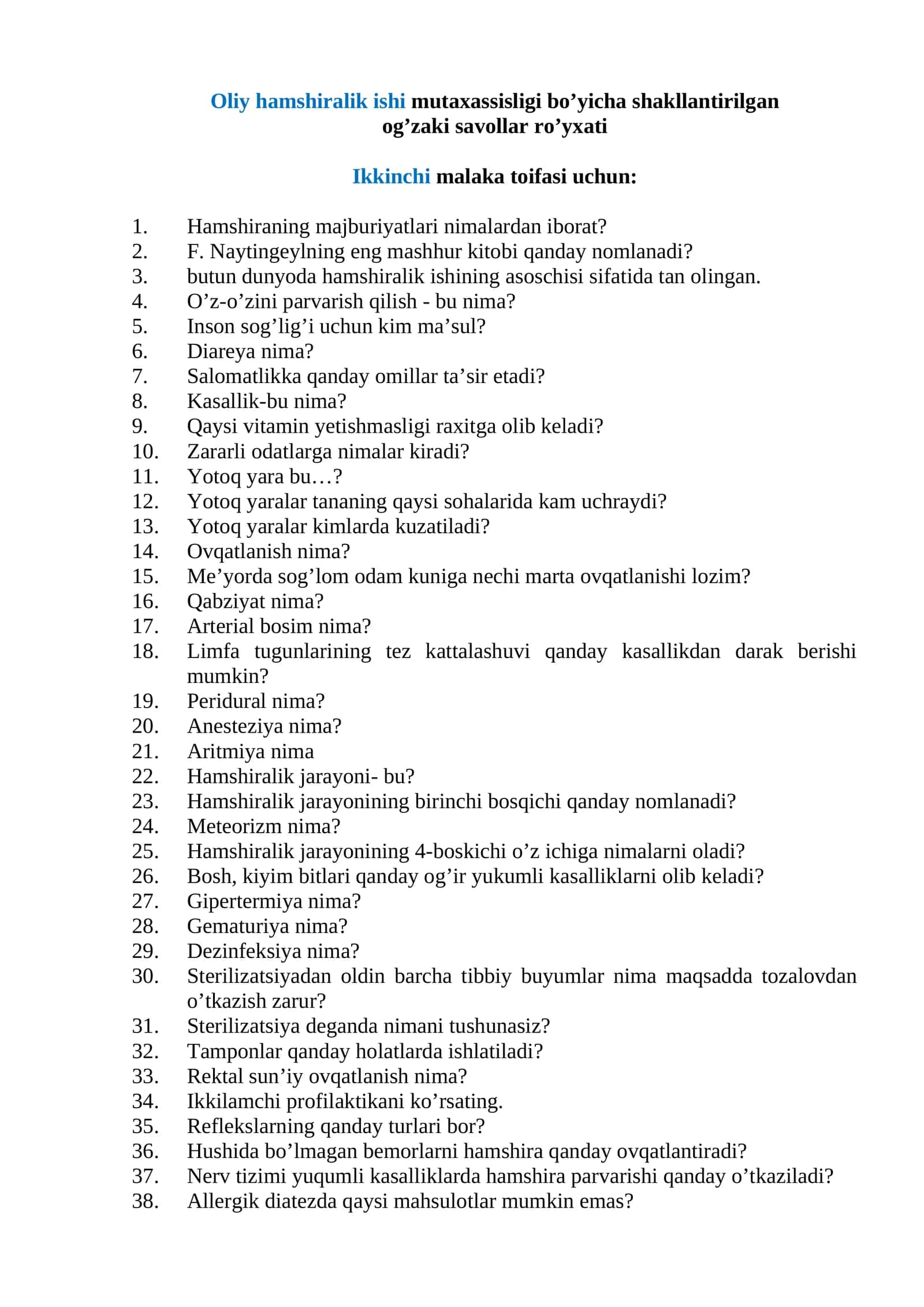 Oliy hamshiralik ishi mutaxassisligi bo’yicha shakllantirilgan og’zaki savollar ro’yxati