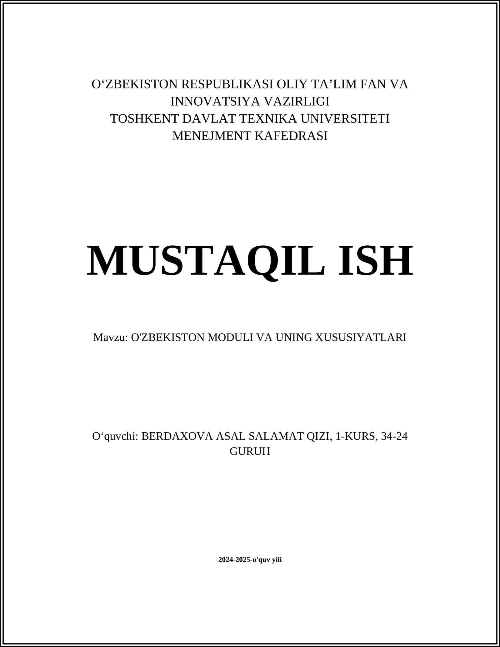 O'ZBEKISTON MODULI VA UNING XUSUSIYATLARI