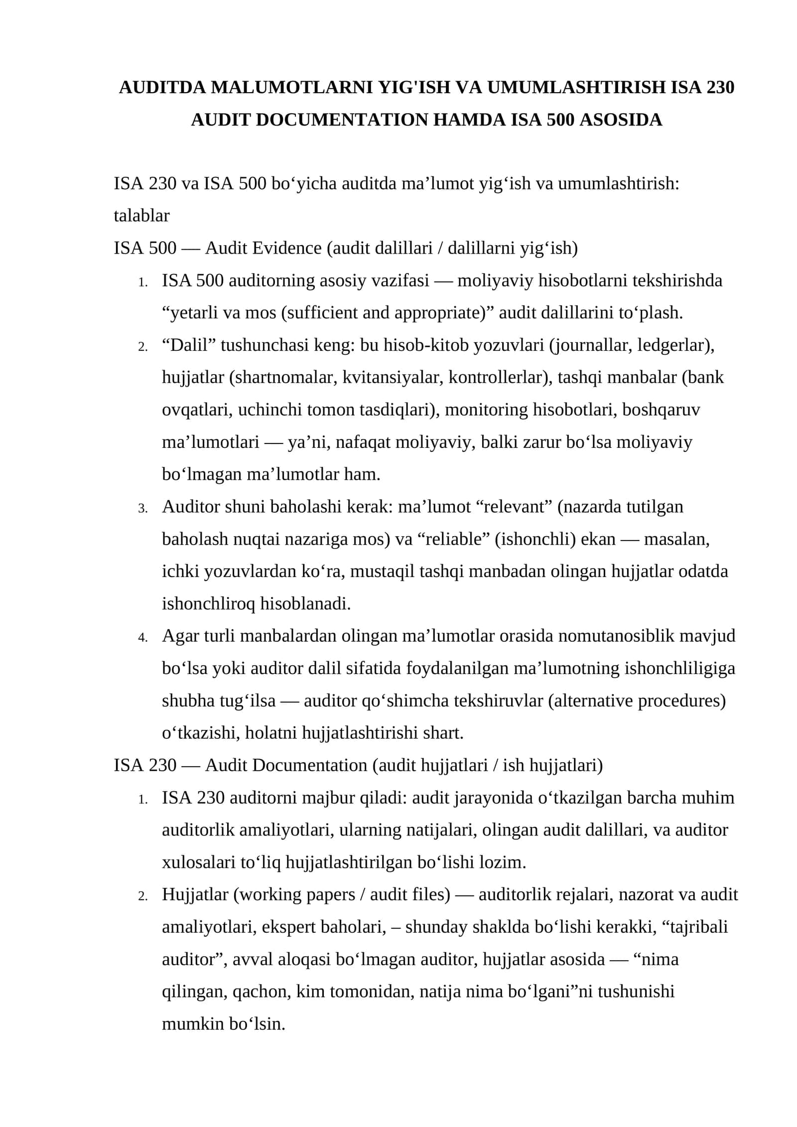 ISA 230 va ISA 500 bo‘yicha auditda ma’lumot yig‘ish va umumlashtirish: talablar