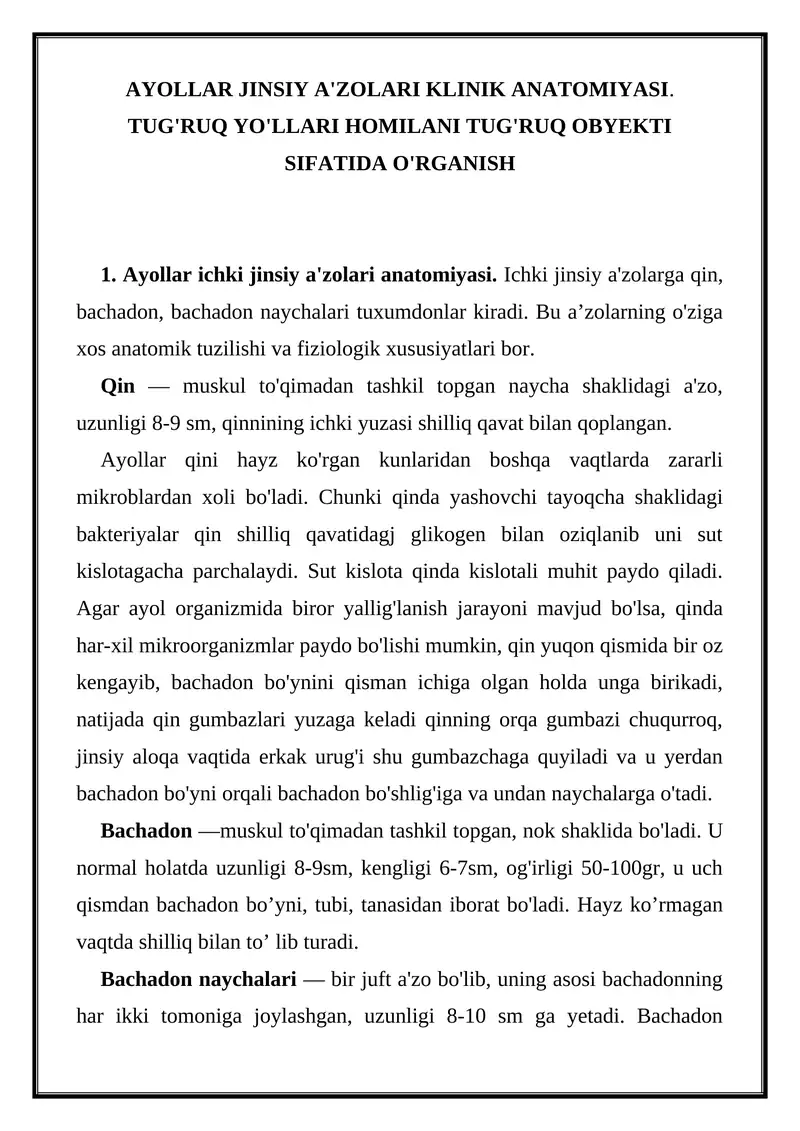 AYOLLAR JINSIY A'ZOLARI KLINIK ANATOMIYASI