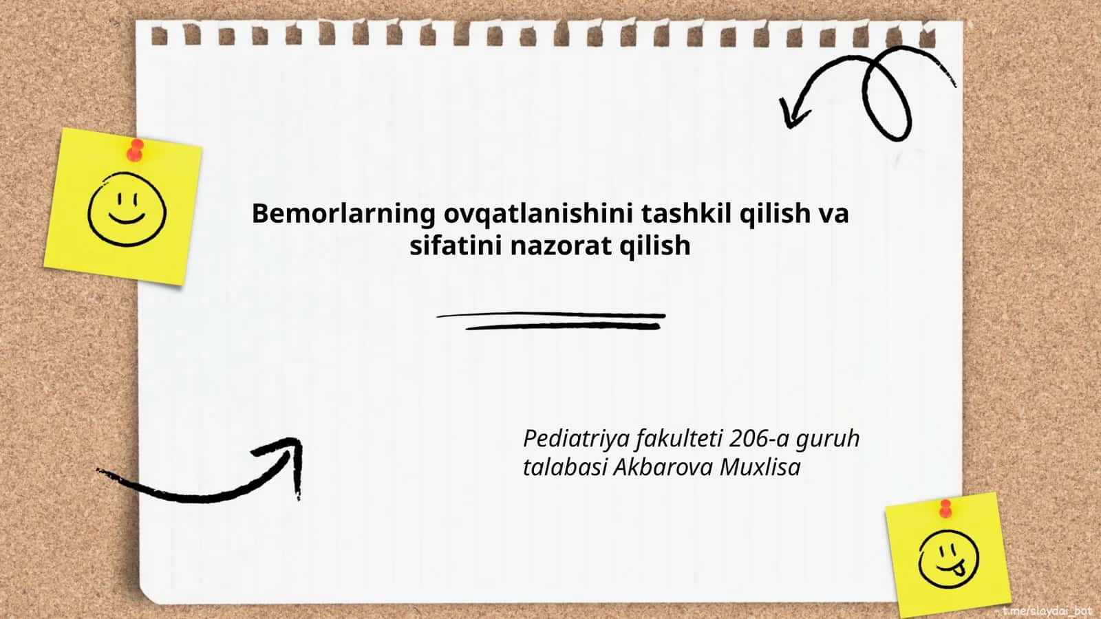 Bemorlarning ovqatlanishini tashkil qilish va sifatini nazorat qilish