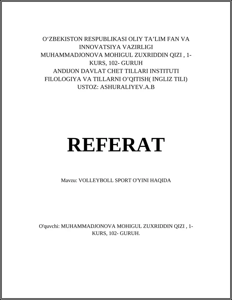 VOLLEYBOLL SPORT O'YINI HAQIDA