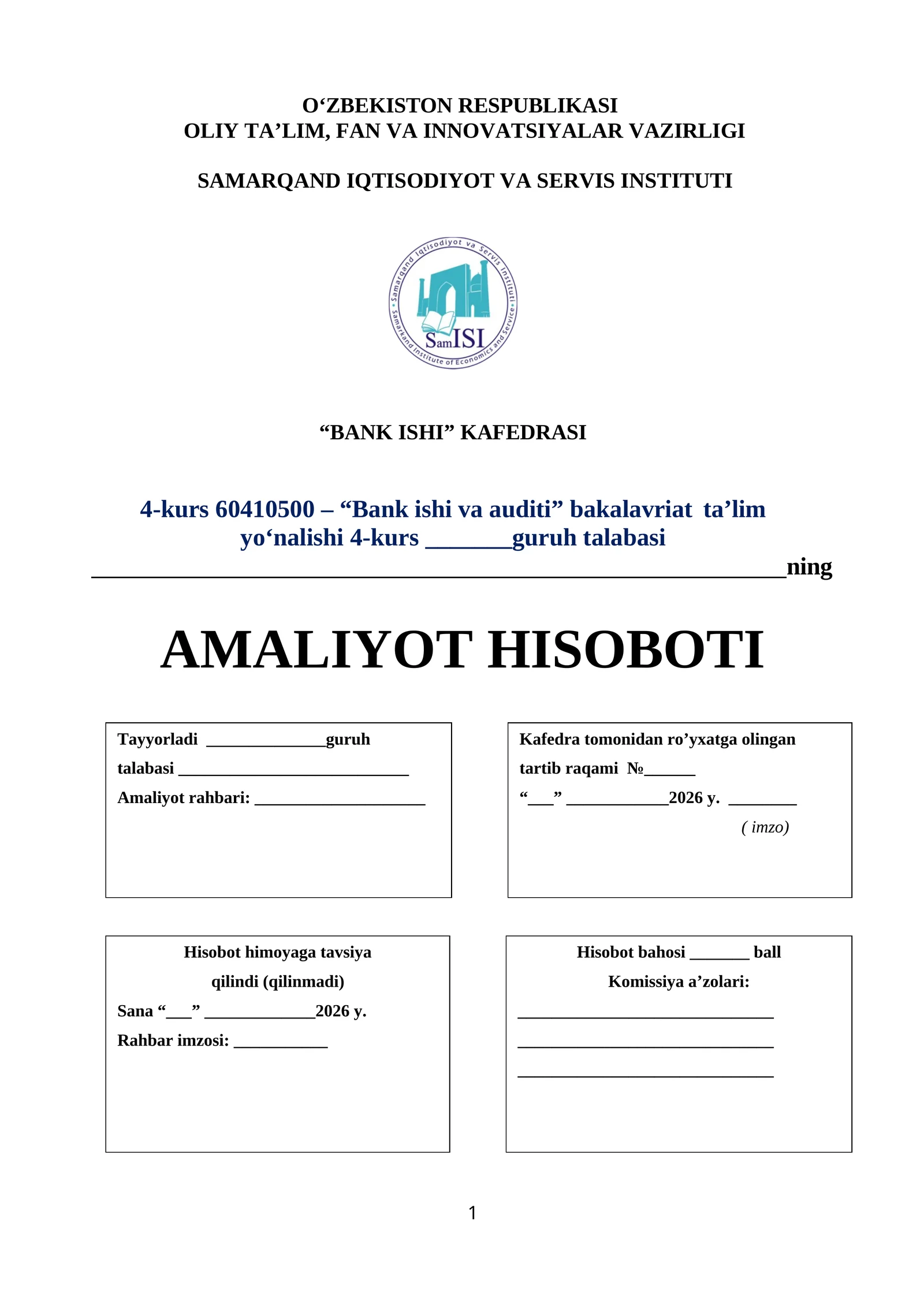 Amaliyot hisoboti. Agro bank toshkent