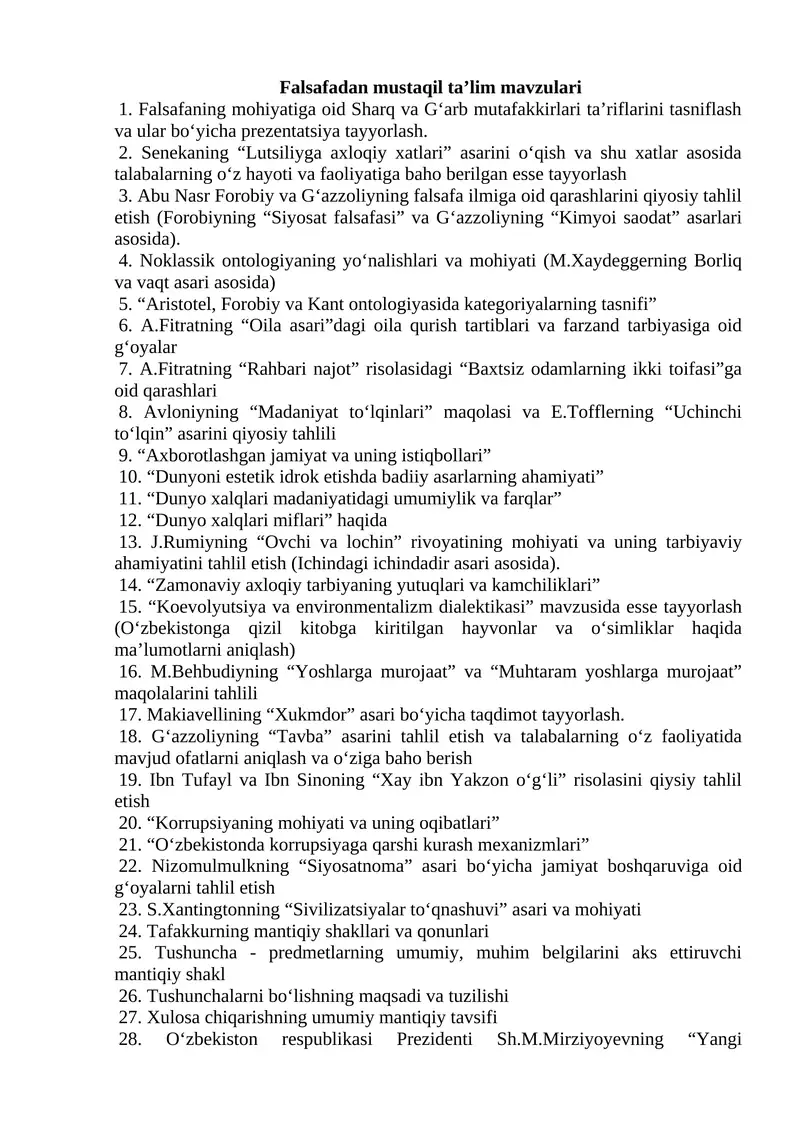 Falsafadan mustaqil ta’lim mavzulari