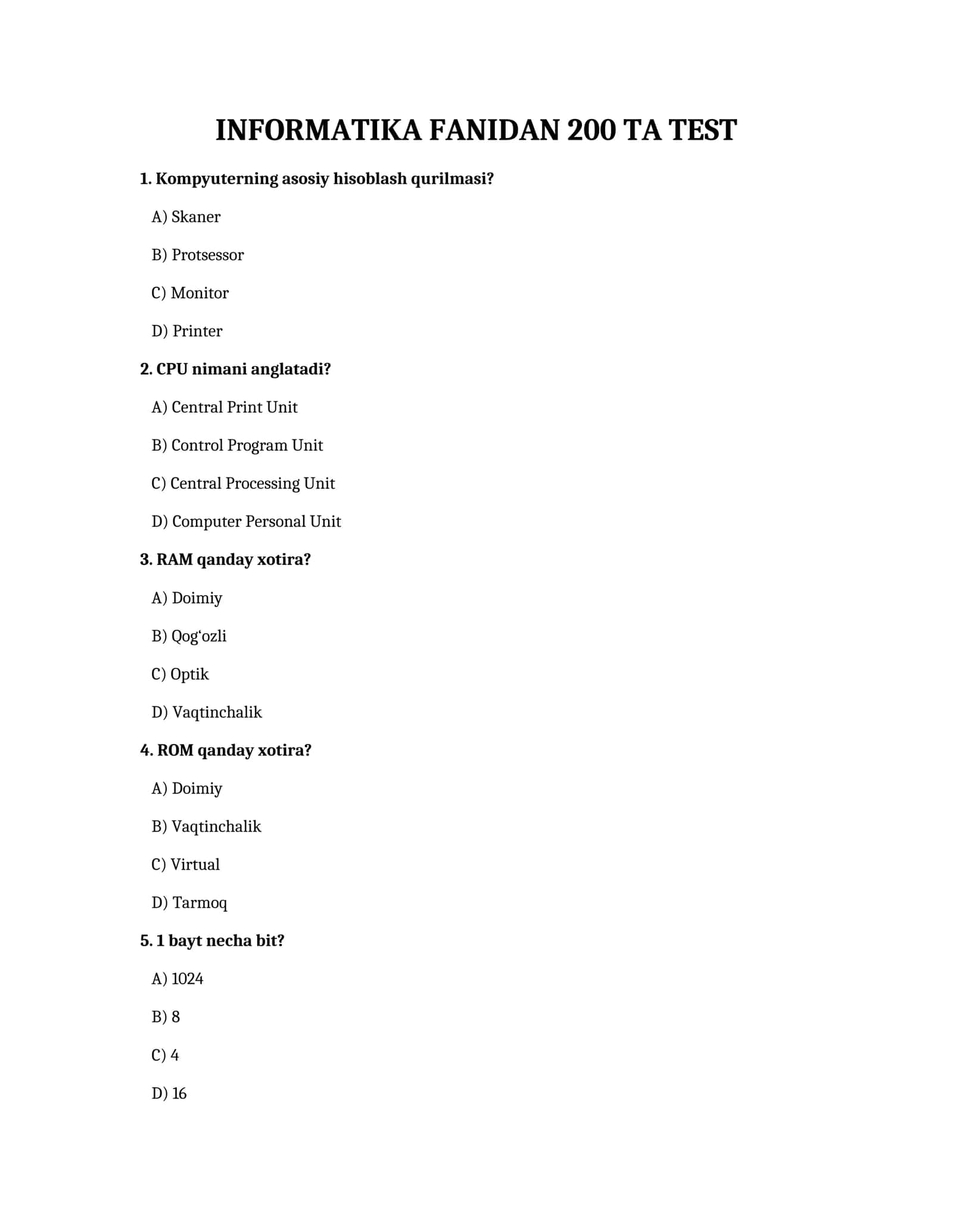 Informatika fanidan 200 ta test — javoblari bilan