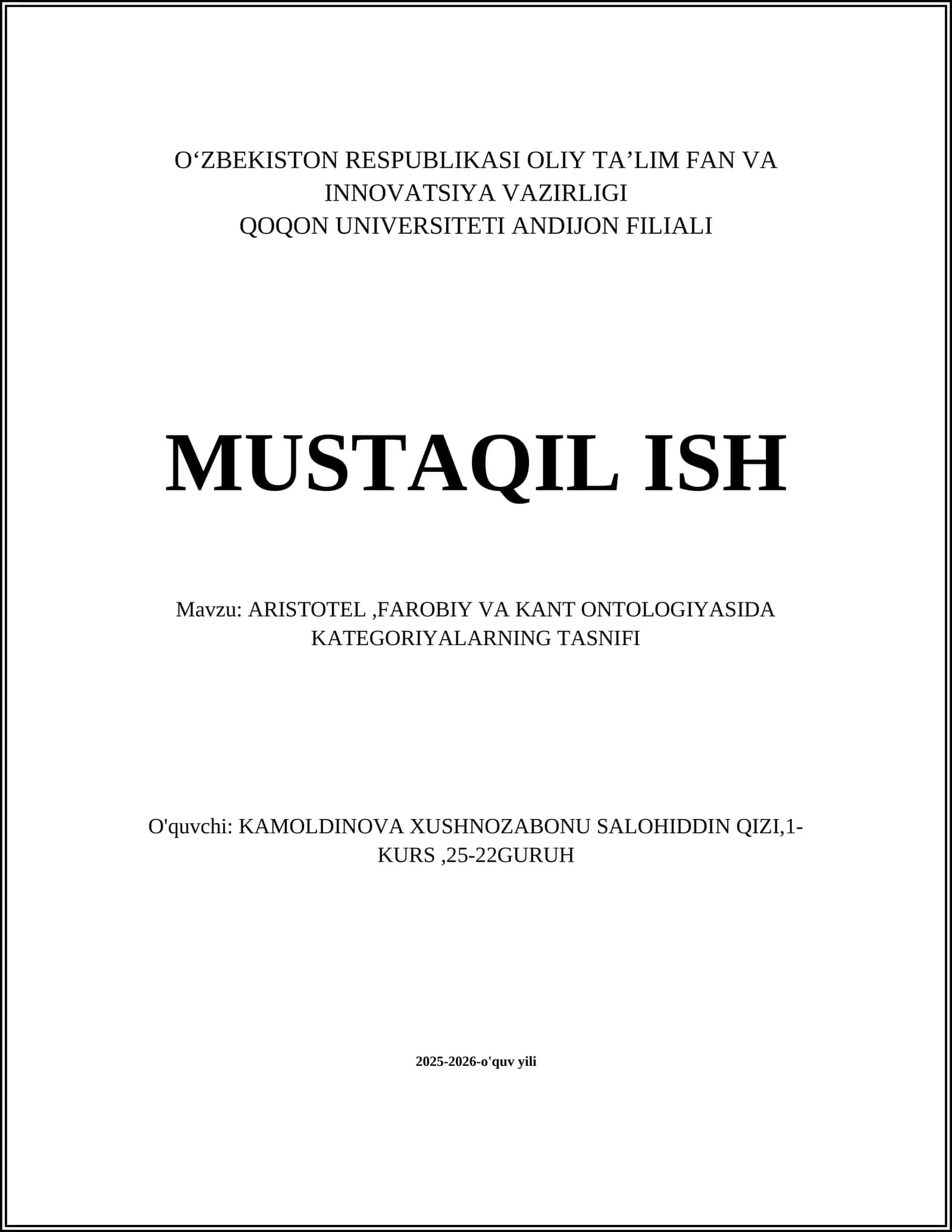 ARISTOTEL,FAROBIY VA KANT ONTOLOGIYASIDA KATEGORIYALARNING TASNIFI