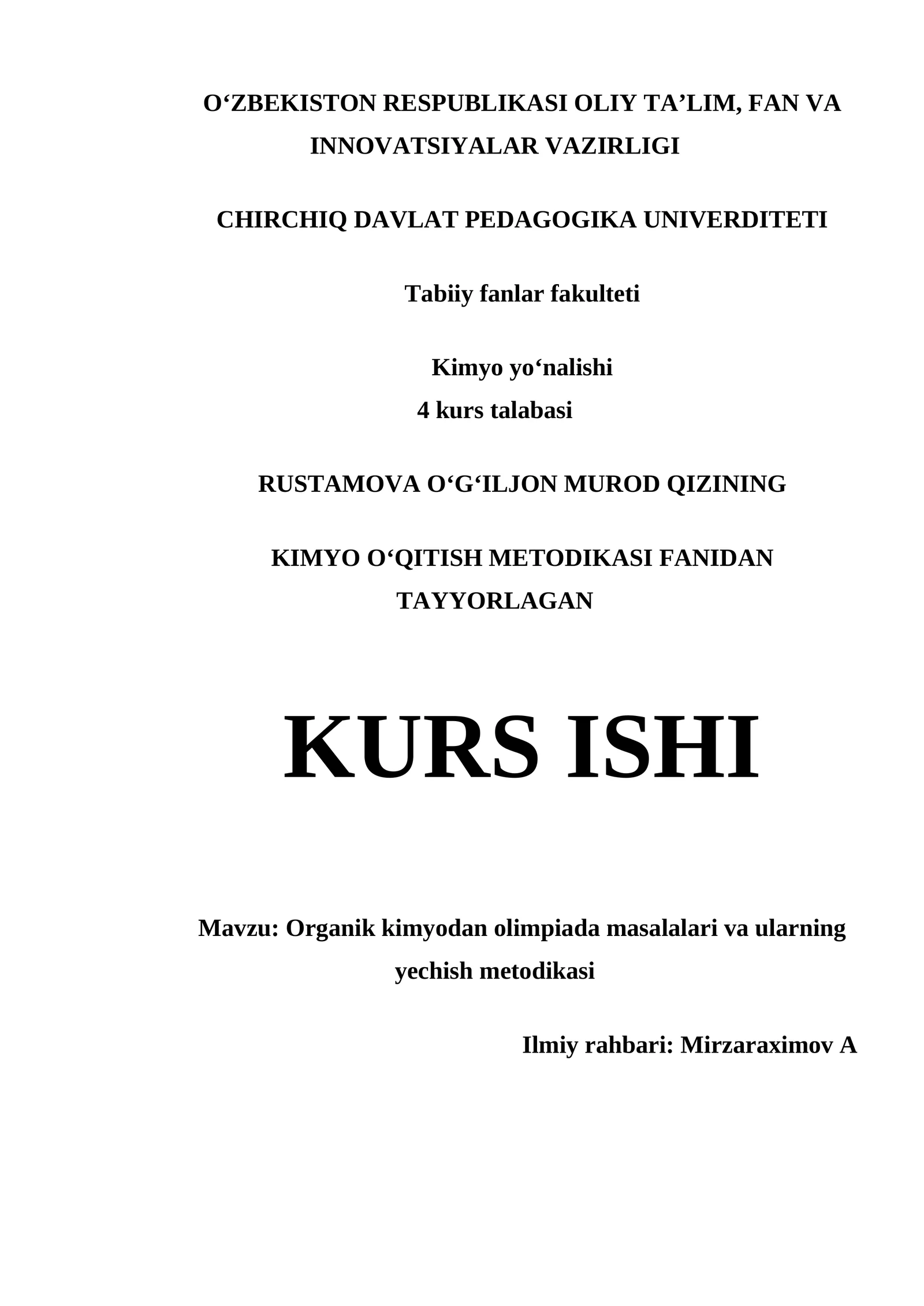 KIMYO OʻQITISH METODIKASI FANIDAN TAYYORLAGAN KURS ISHI