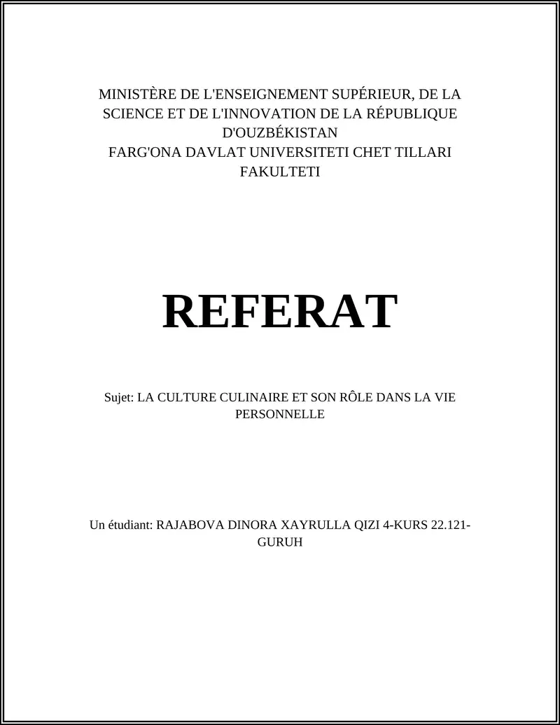 REFERAT: LA CULTURE CULINAIRE ET SON RÔLE DANS LA VIE PERSONNELLE