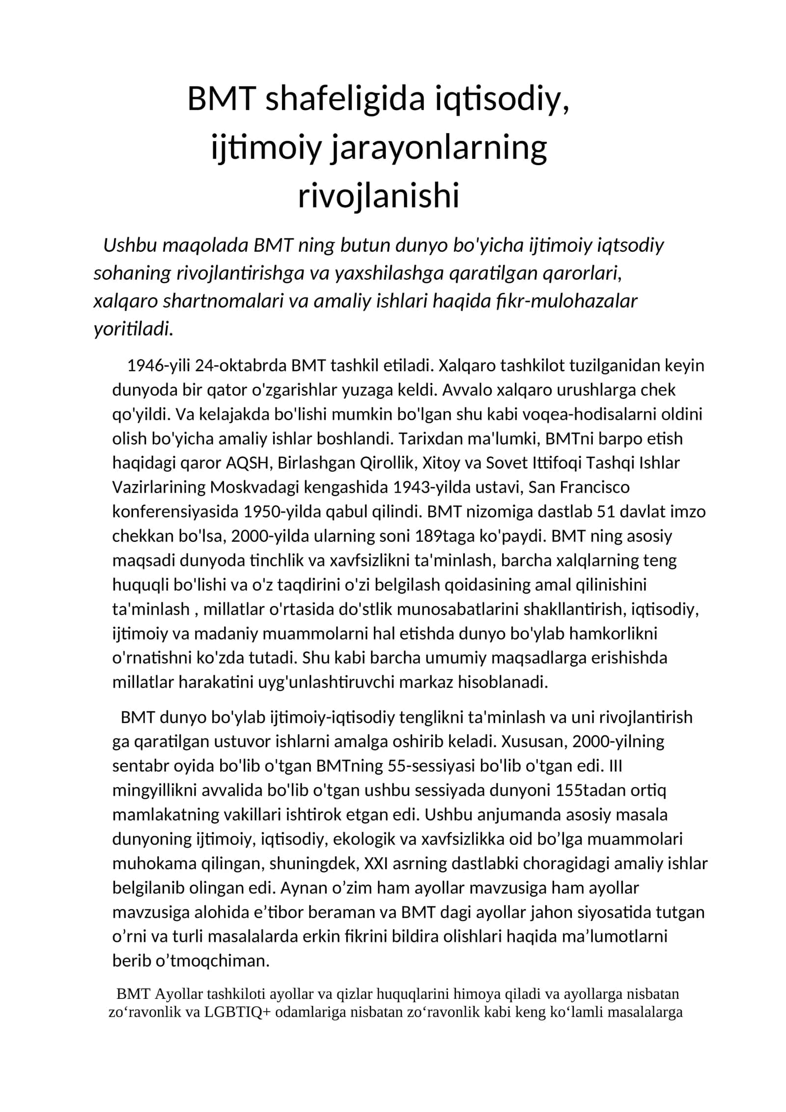 BMT shafeligida iqtisodiy, ijtimoiy jarayonlarning rivojlanishi