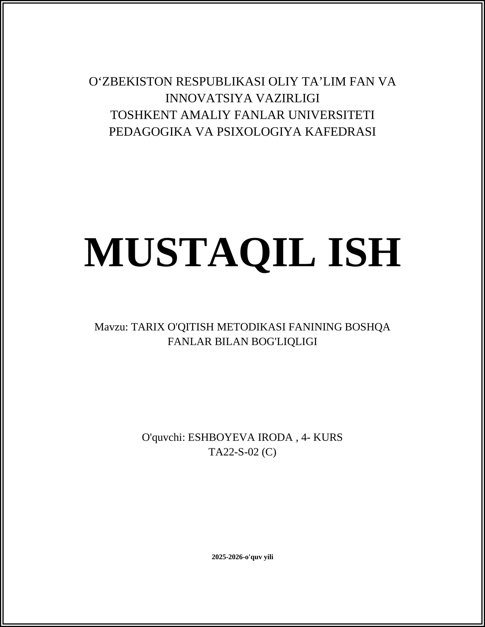 TARIX O'QITISH METODIKASI