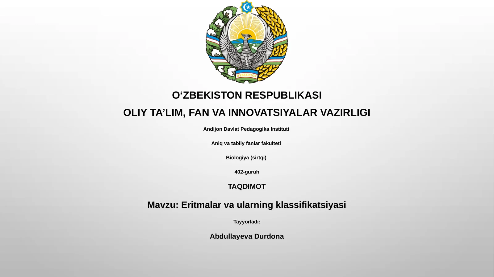 Eritmalar va ularning klassifikatsiyasi