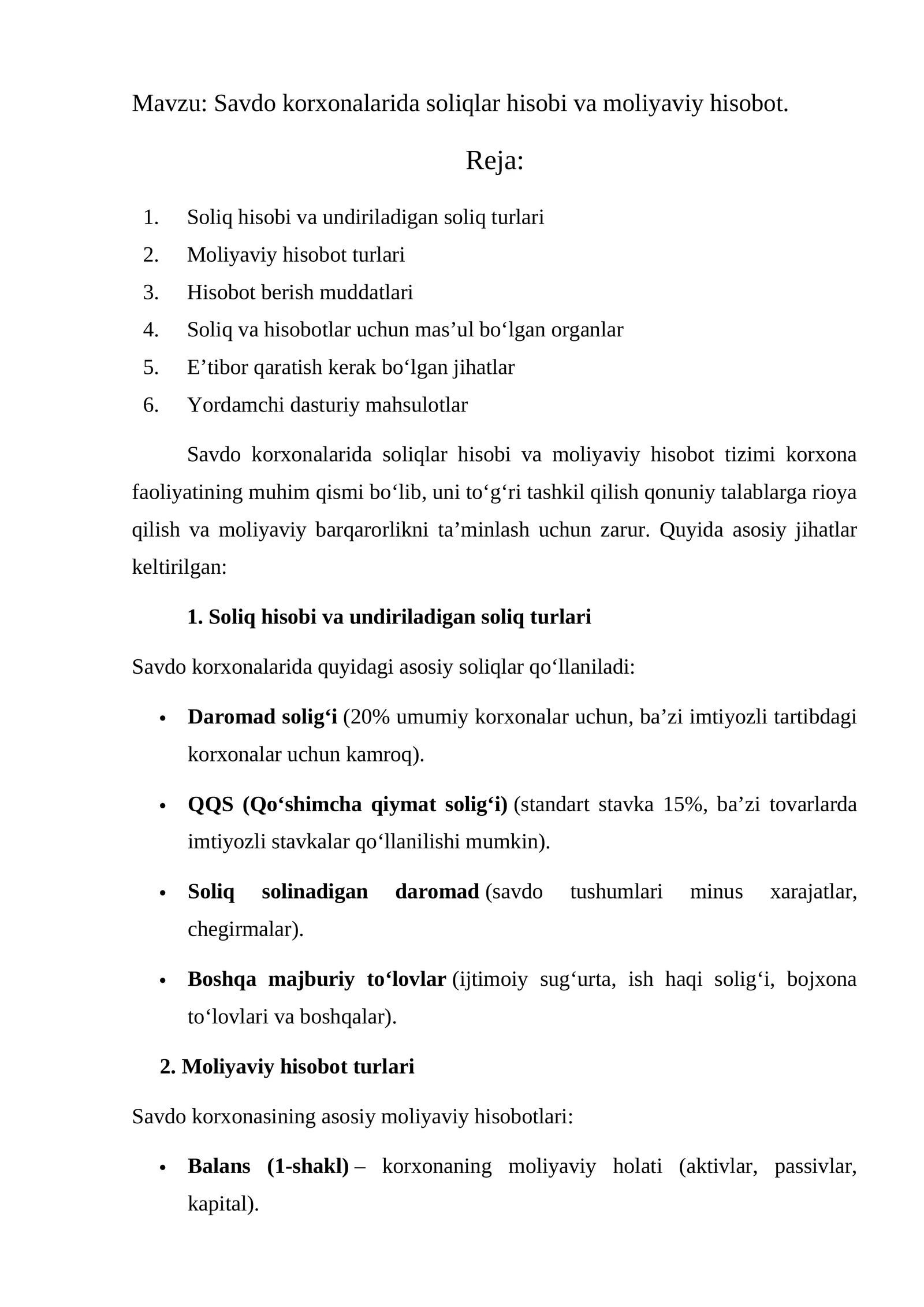 Savdo korxonalarida soliqlar hisobi va moliyaviy hisobot