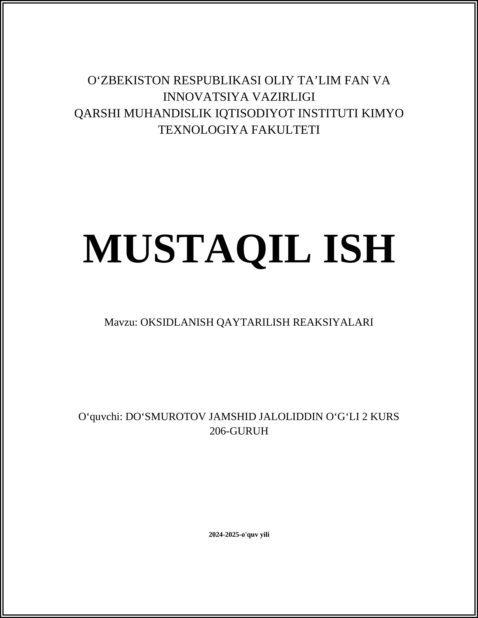OKSIDLANISH QAYTARILISH REAKSIYALARI