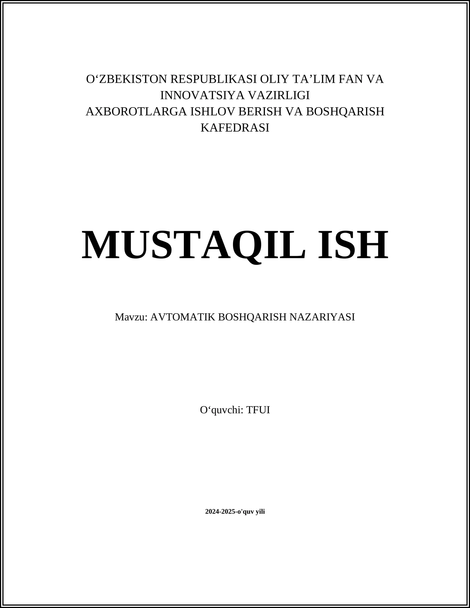 AVTOMATIK BOSHQARISH NAZARIYASI