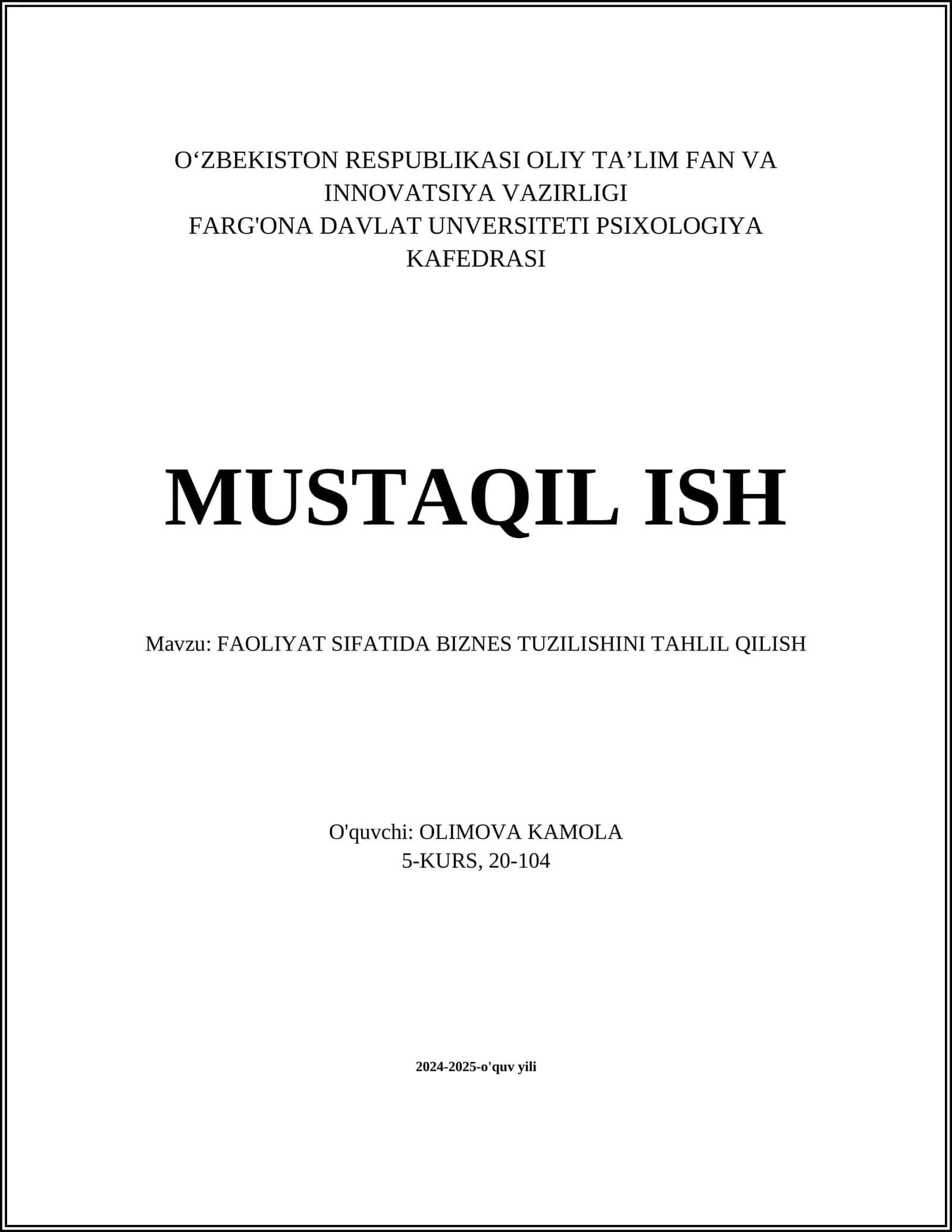 FAOLIYAT SIFATIDA BIZNES TUZILISHINI TAHLIL QILISH