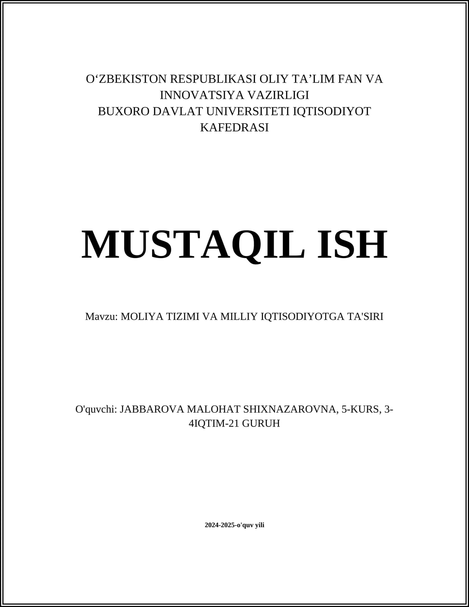 Moliya tizimi va milliy iqtisodiyotga ta'siri