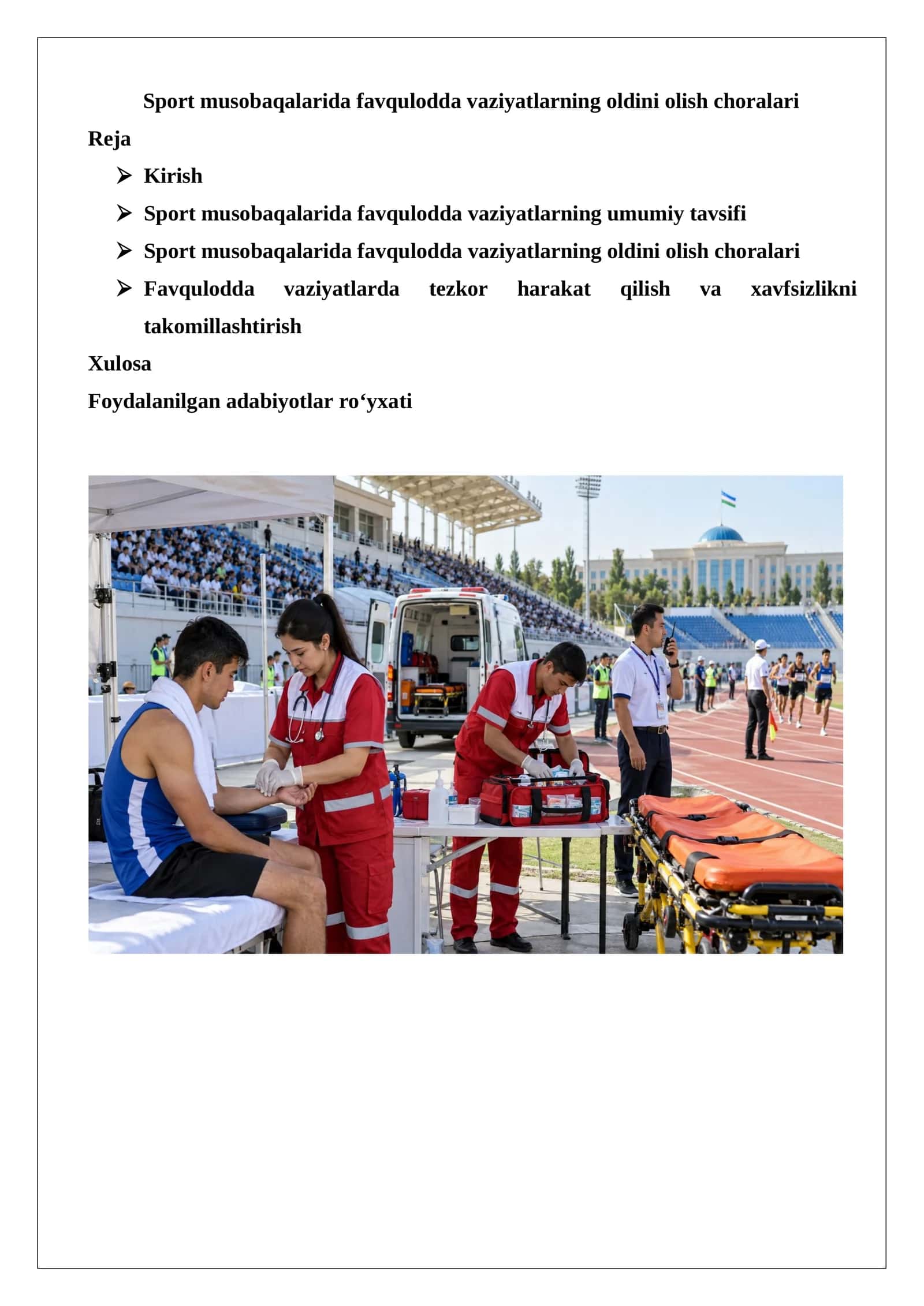 Sport musobaqalarida favqulodda vaziyatlarning oldini olish choralari
