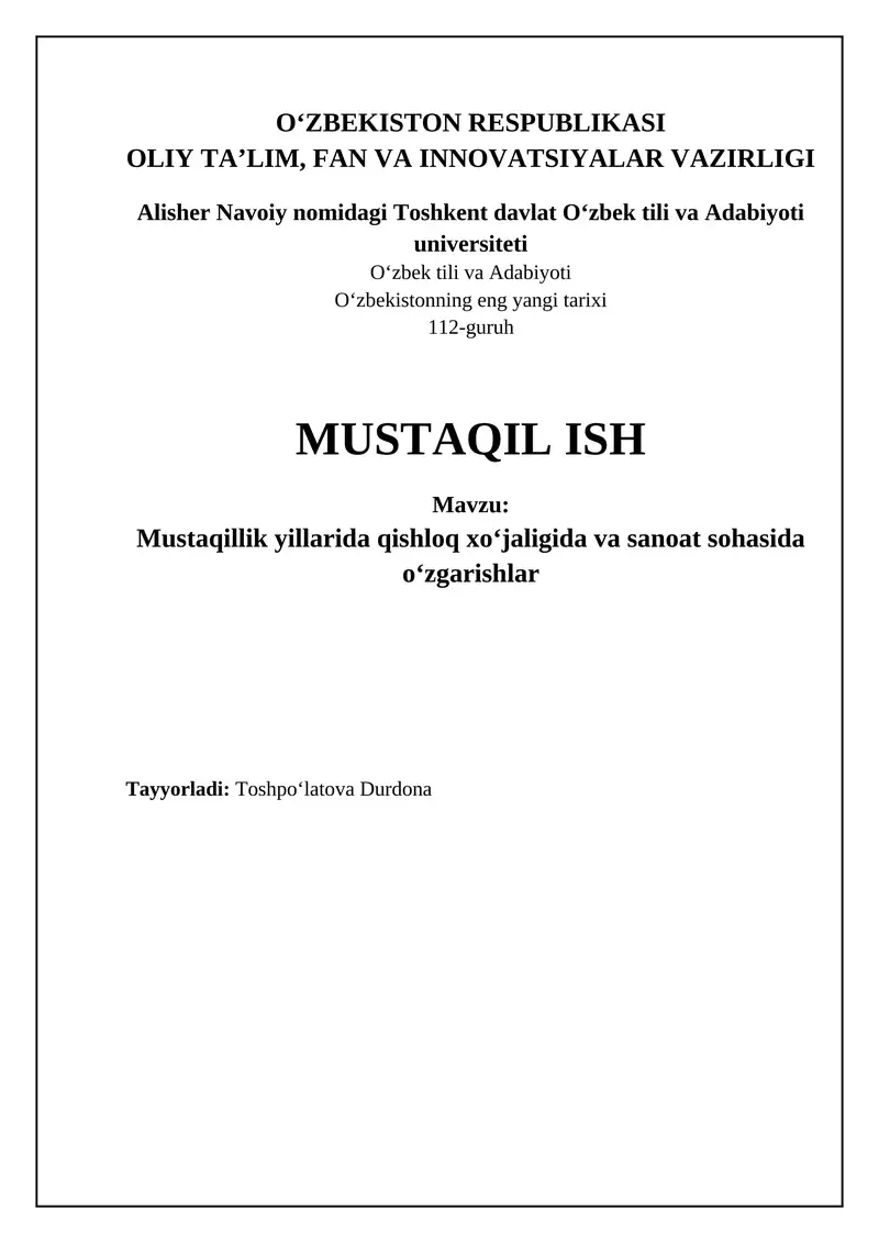 Qishloq xo'jaligi va sanoatdagi islohotlar: Mustaqillik yillaridagi o'zgarishlar