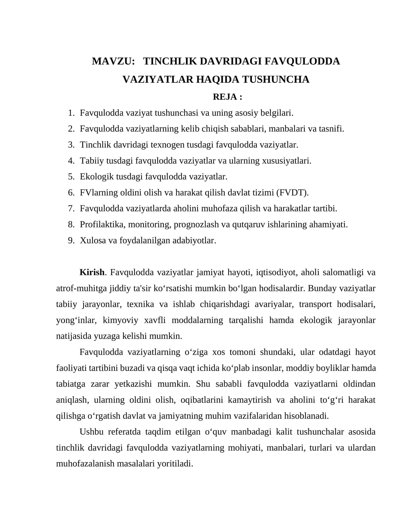 TINCHLIK DAVRIDAGI FAVQULODDA VAZIYATLAR HAQIDA TUSHUNCHA