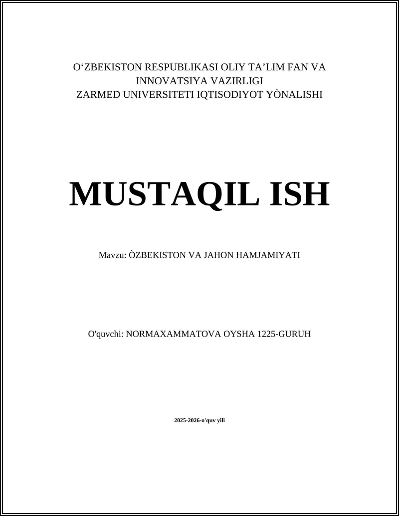 O'ZBEKISTON VA JAHON HAMJAMIYATI