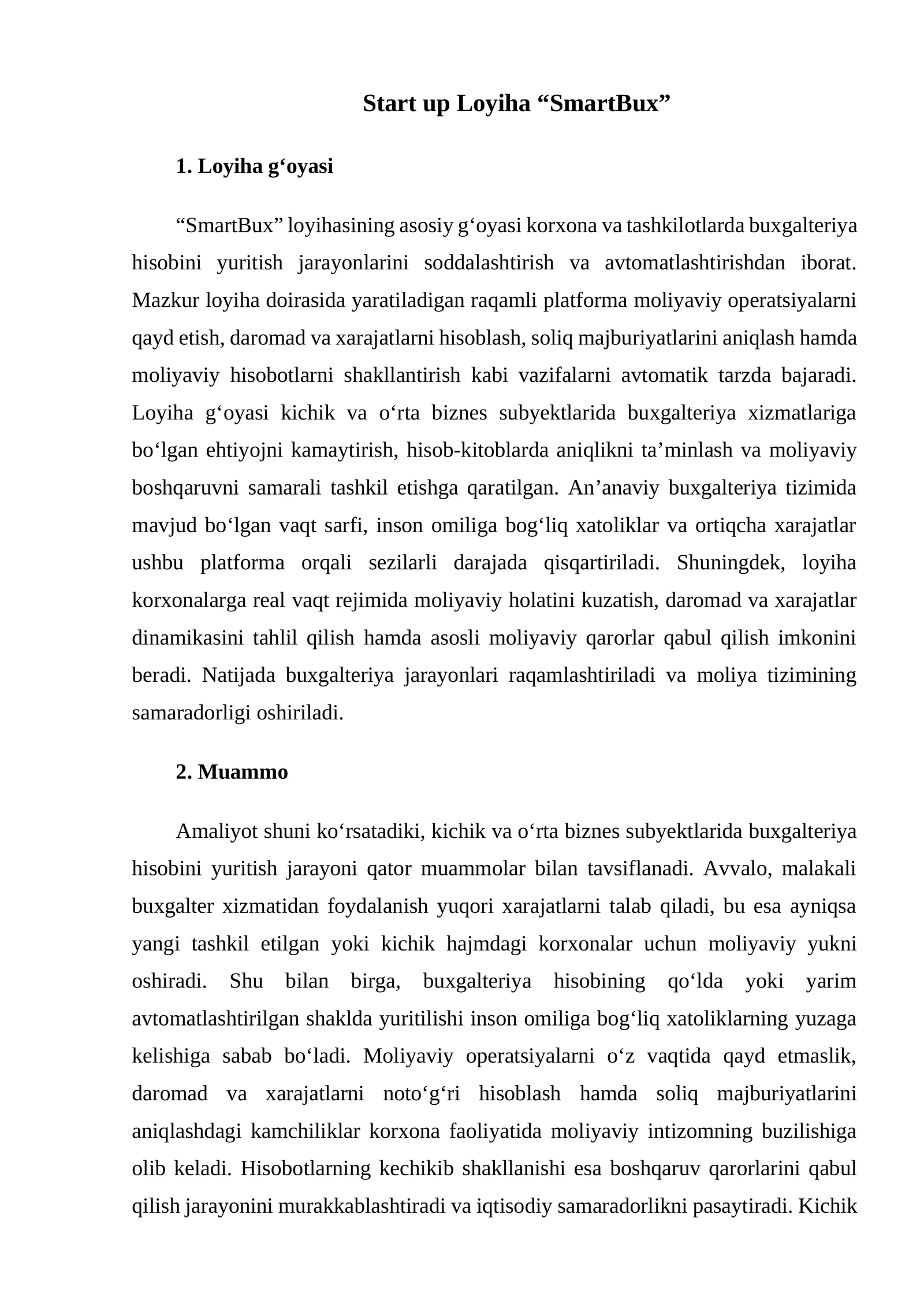 Start up Loyiha “SmartBux”