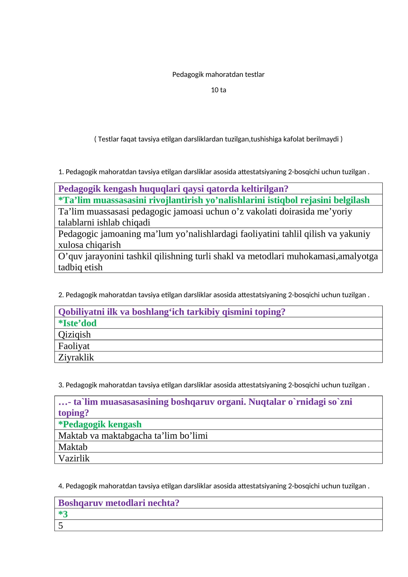 Pedagogik mahoratdan testlar