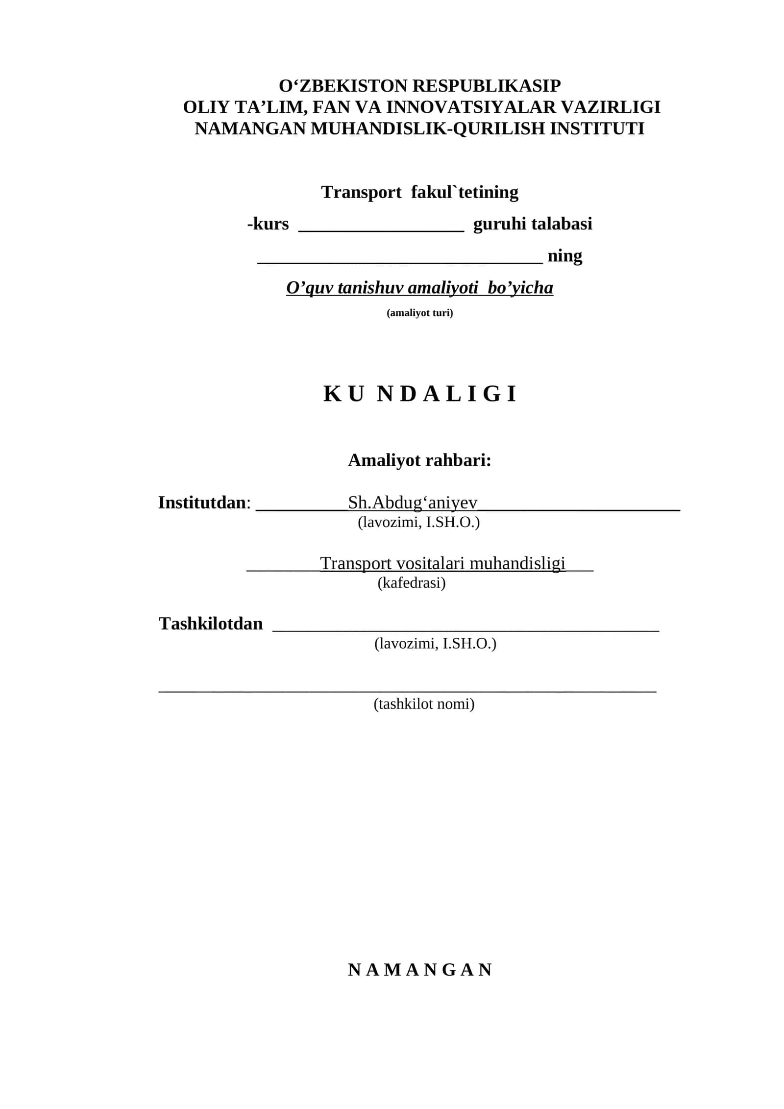 MUHANDISLIK-QURILISH INSTITUTI  amaliyot Kundaligi