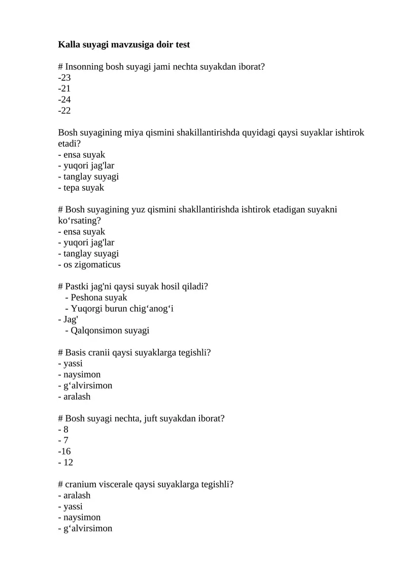Kalla suyagi mavzusiga doir test
