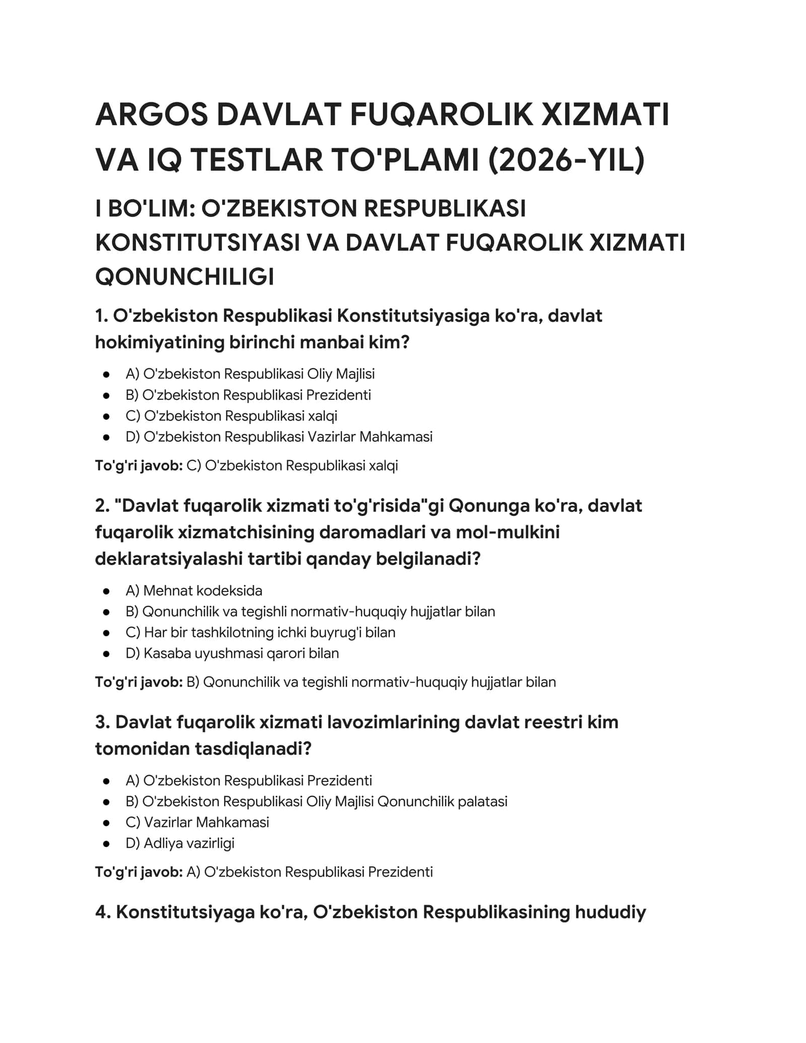 ARGOS Davlat Fuqarolik Xizmati va IQ Testlar To‘plami | 2026