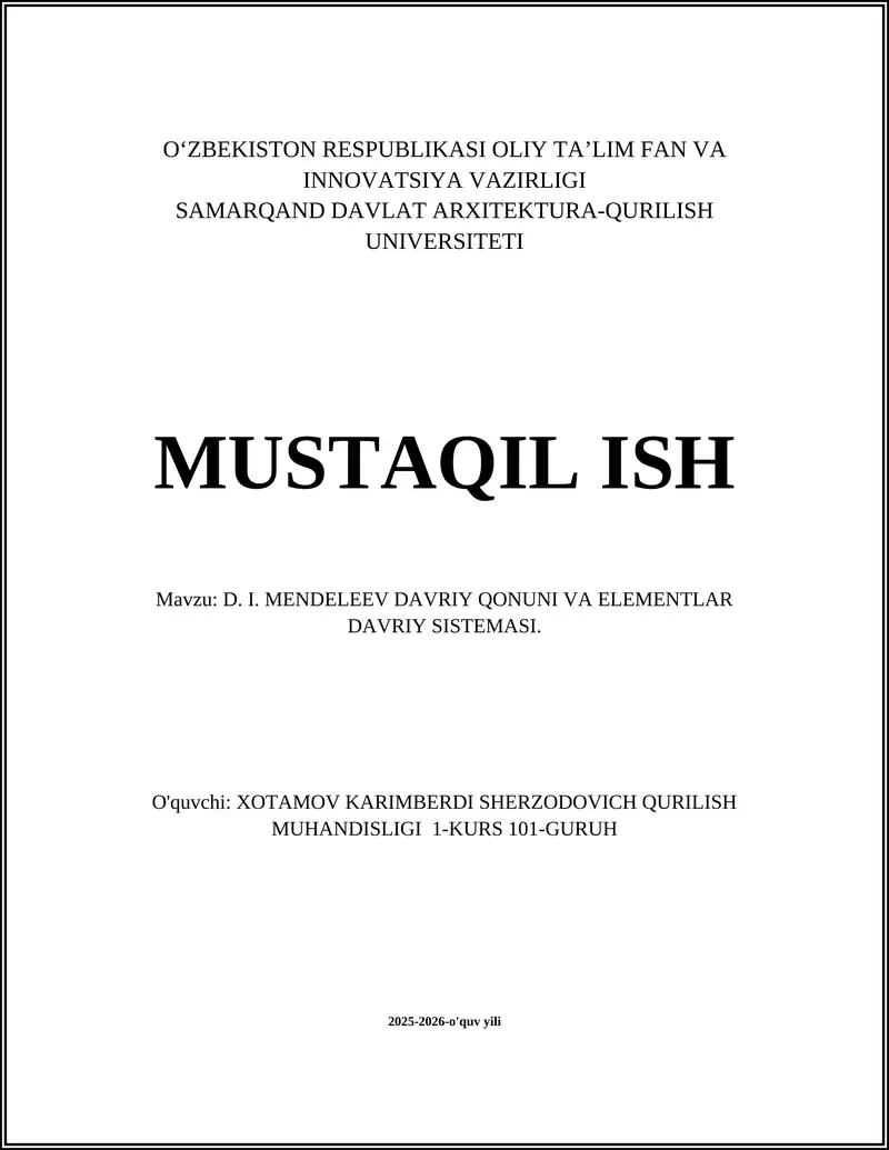 D. I. MENDELEEV DAVRIY QONUNI VA ELEMENTLAR DAVRIY SISTEMASI