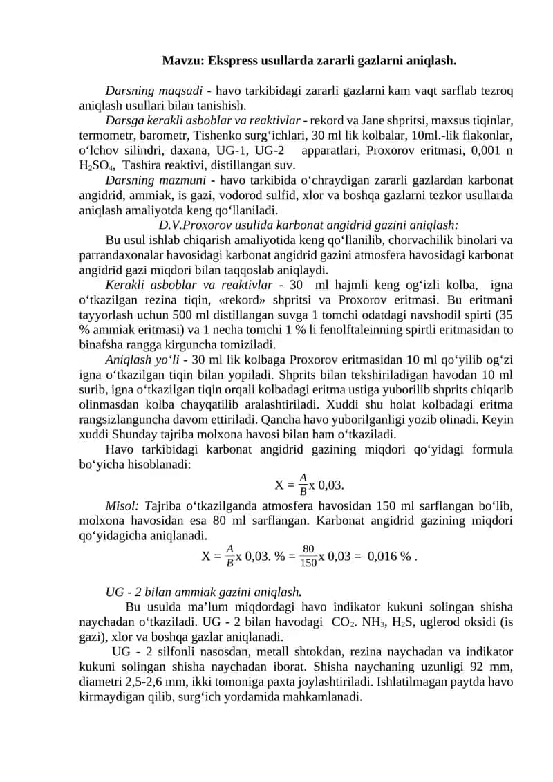 Ekspress usullarda zararli gazlarni aniqlash