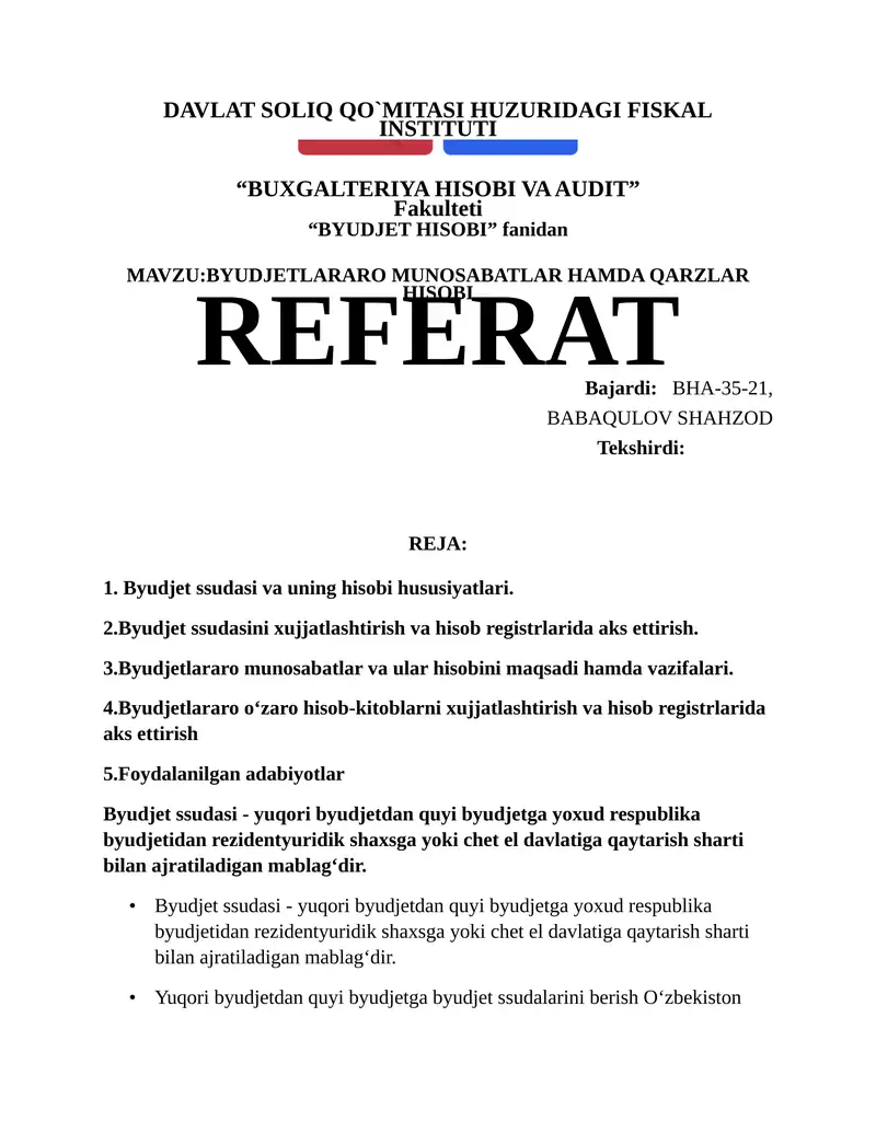 BYUDJETLARARO MUNOSABATLAR HAMDA QARZLAR HISOBI