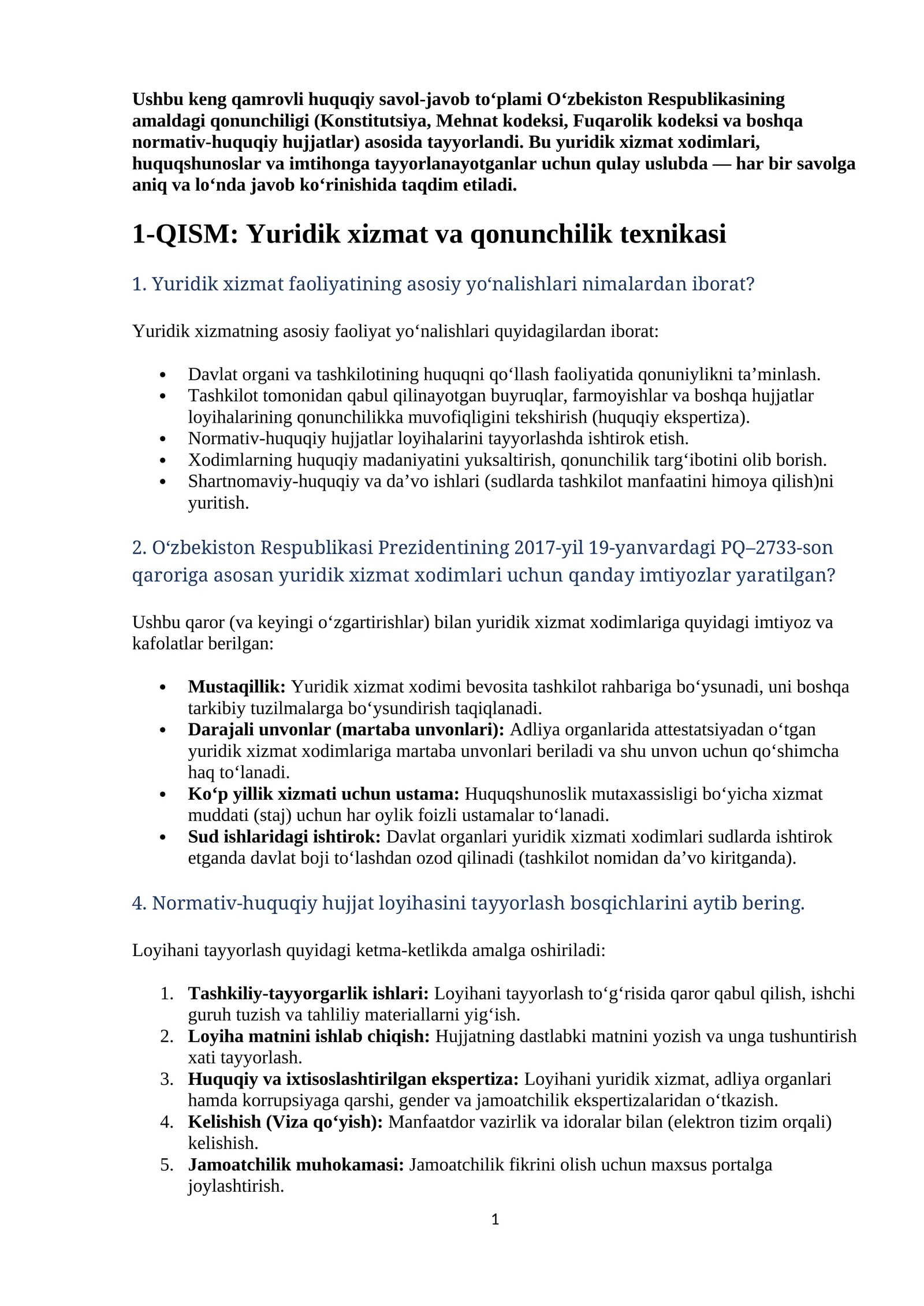 Agros 2026 suhbat savollar javoblari (Yuridik xizmat va qonunchilik texnikasi)