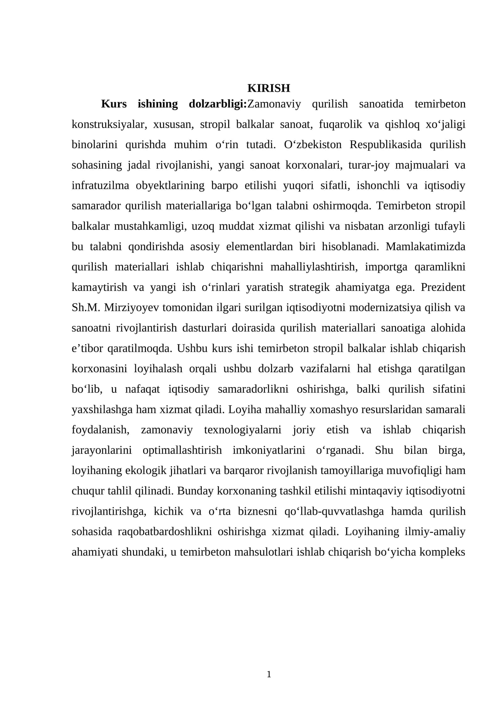 Temirbeton  stropil  balkalar  ishlab  chiqarish  korxonasini  loyihalash
