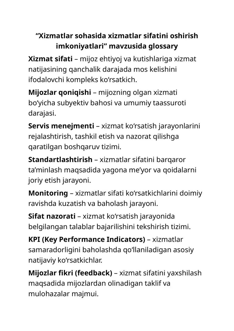Xizmatlar sohasida xizmatlar sifatini oshirish imkoniyatlari