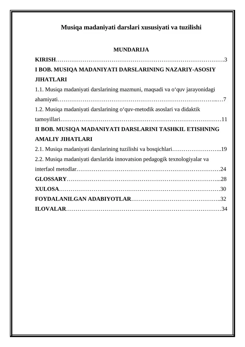 Musiqa madaniyati darslari xususiyati va tuzilishi