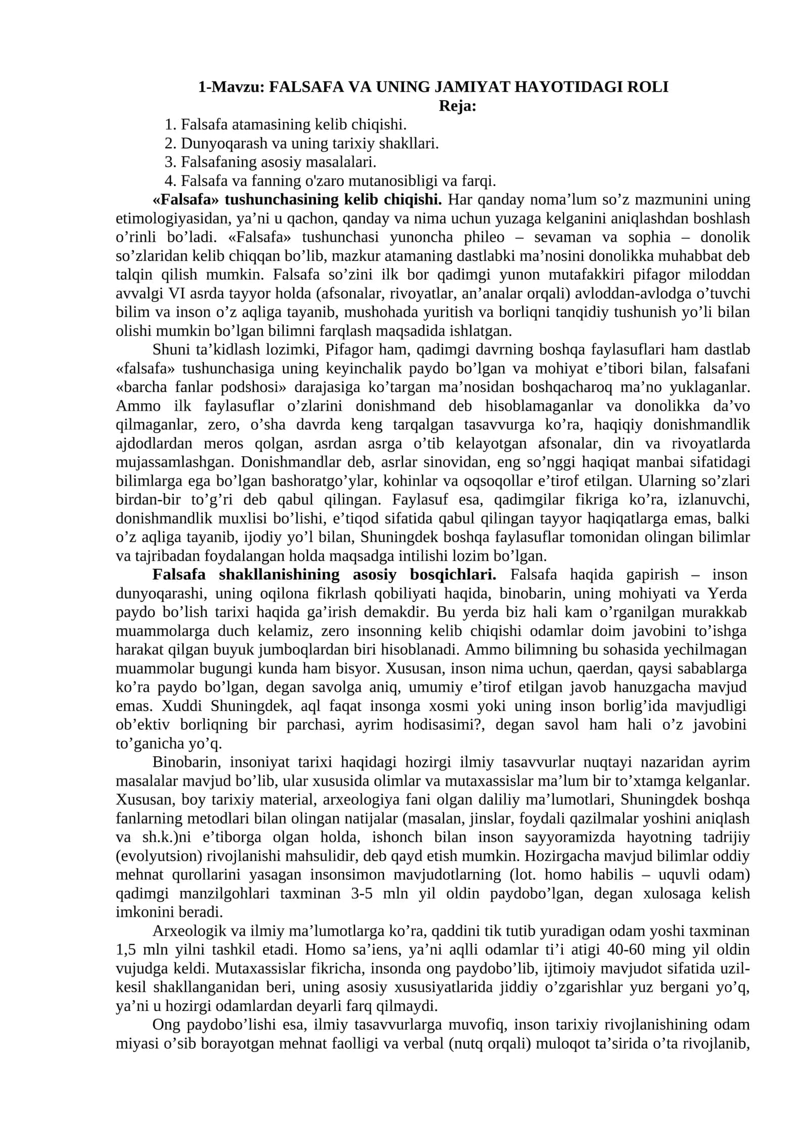 FALSAFA VA UNING JAMIYAT HAYOTIDAGI ROLI