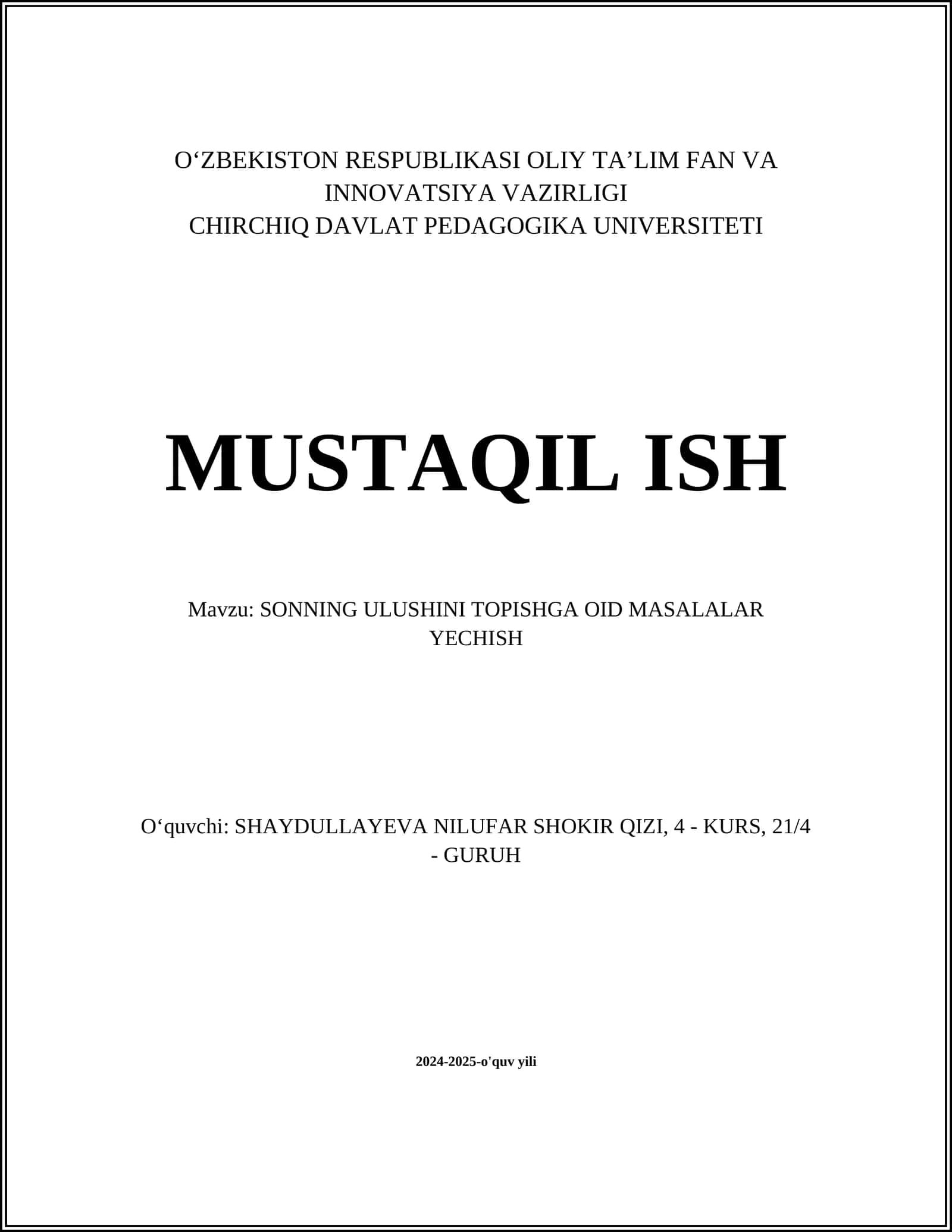 SONNING ULUSHINI TOPISHGA OID MASALALAR YECHISH