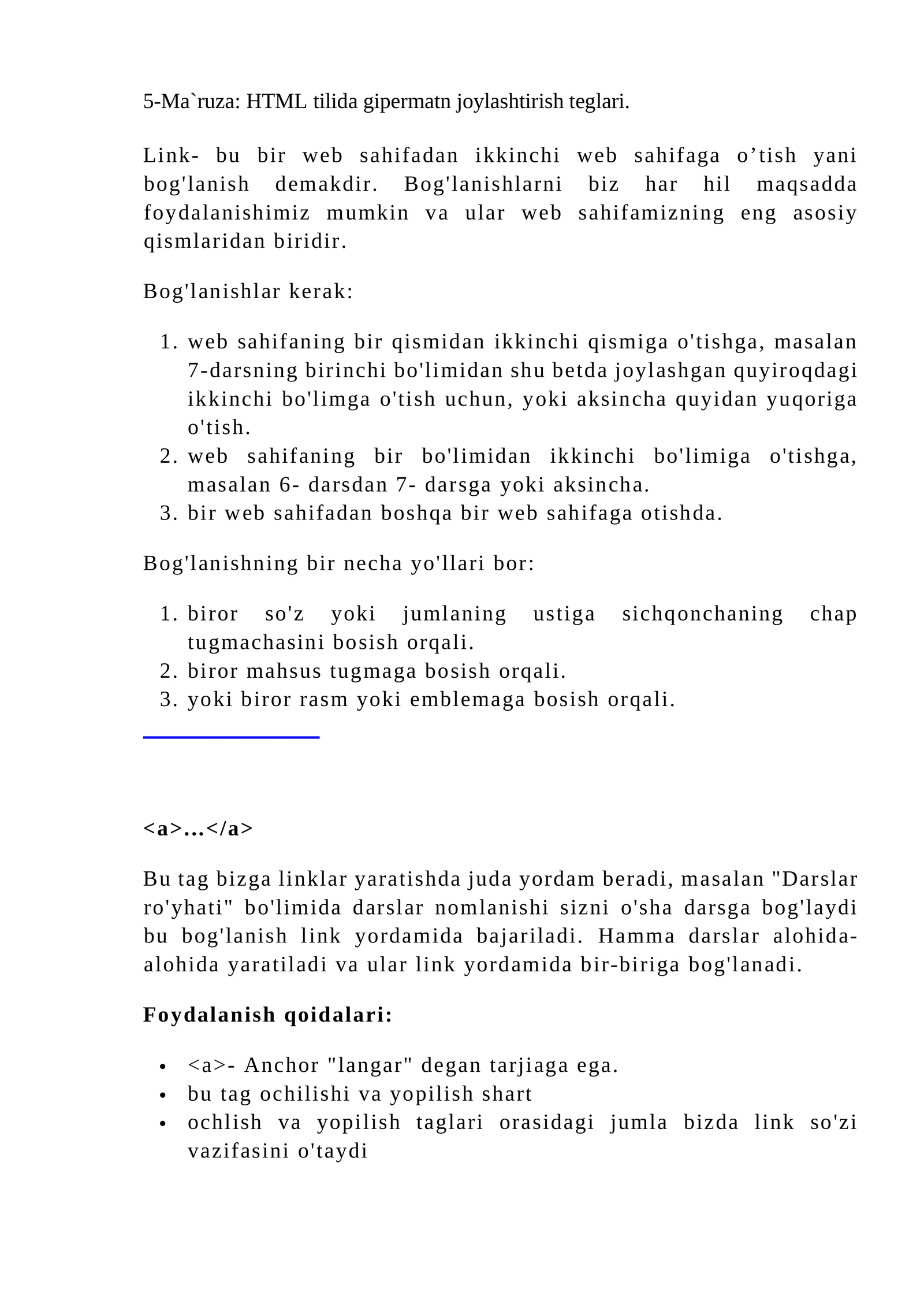HTML tilida gipermatn joylashtirish teglari