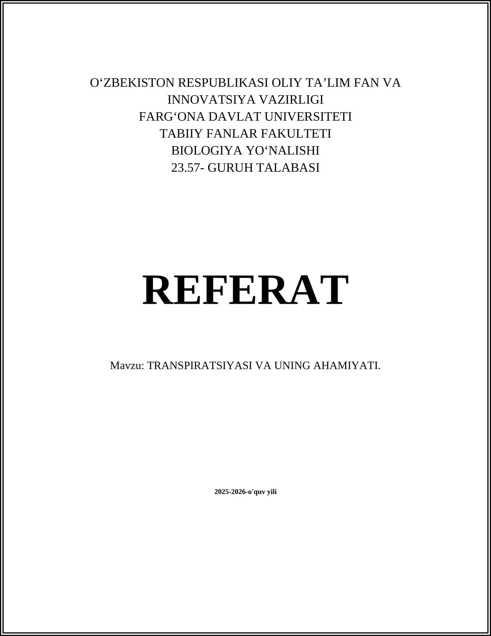 Transpiratsiyasi va uning ahamiyati