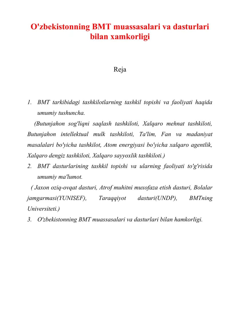 O'zbekistonning BMT muassasalari va dasturlari bilan xamkorligi