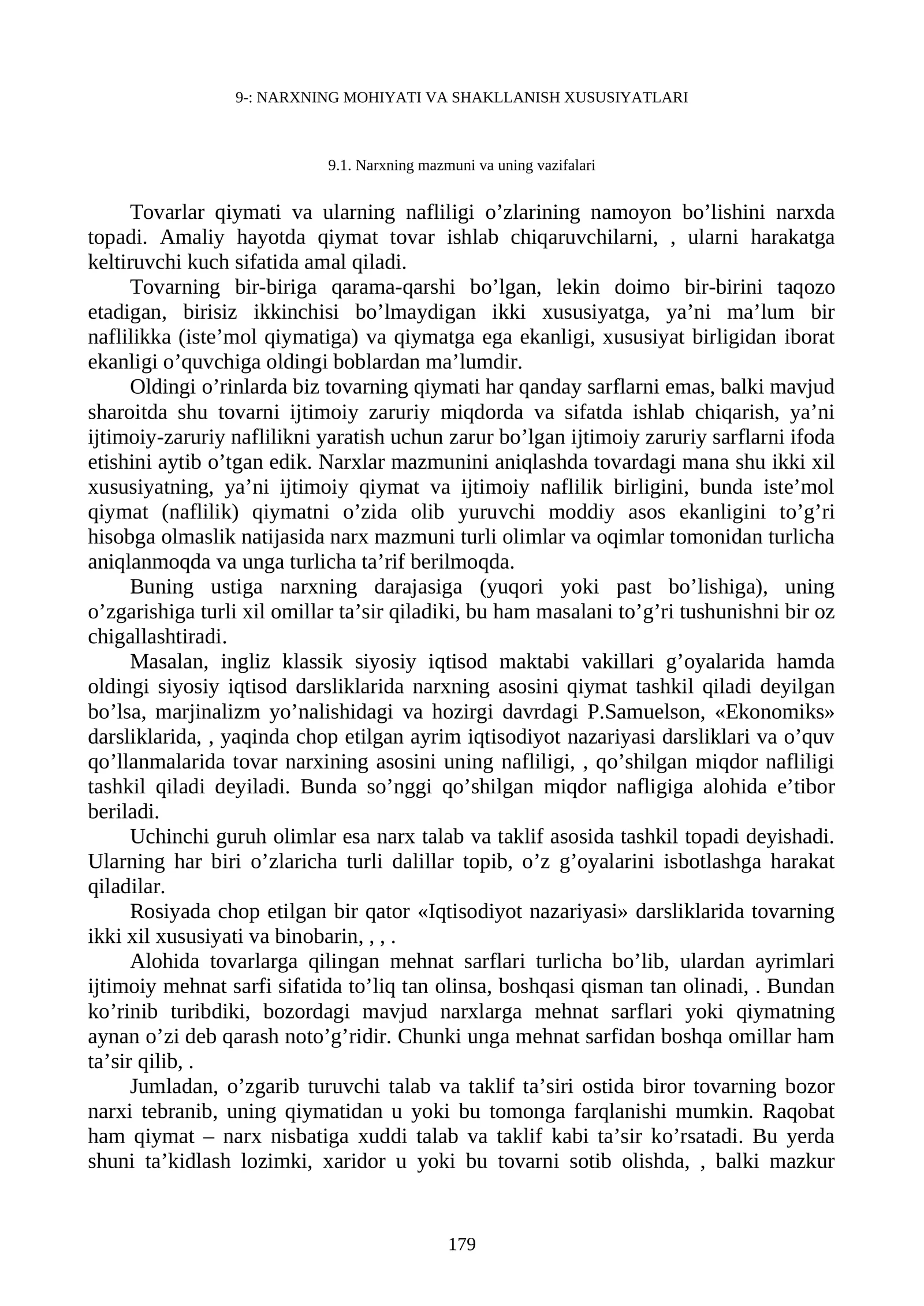 NARXNING MOHIYATI VA SHAKLLANISH XUSUSIYATLARI