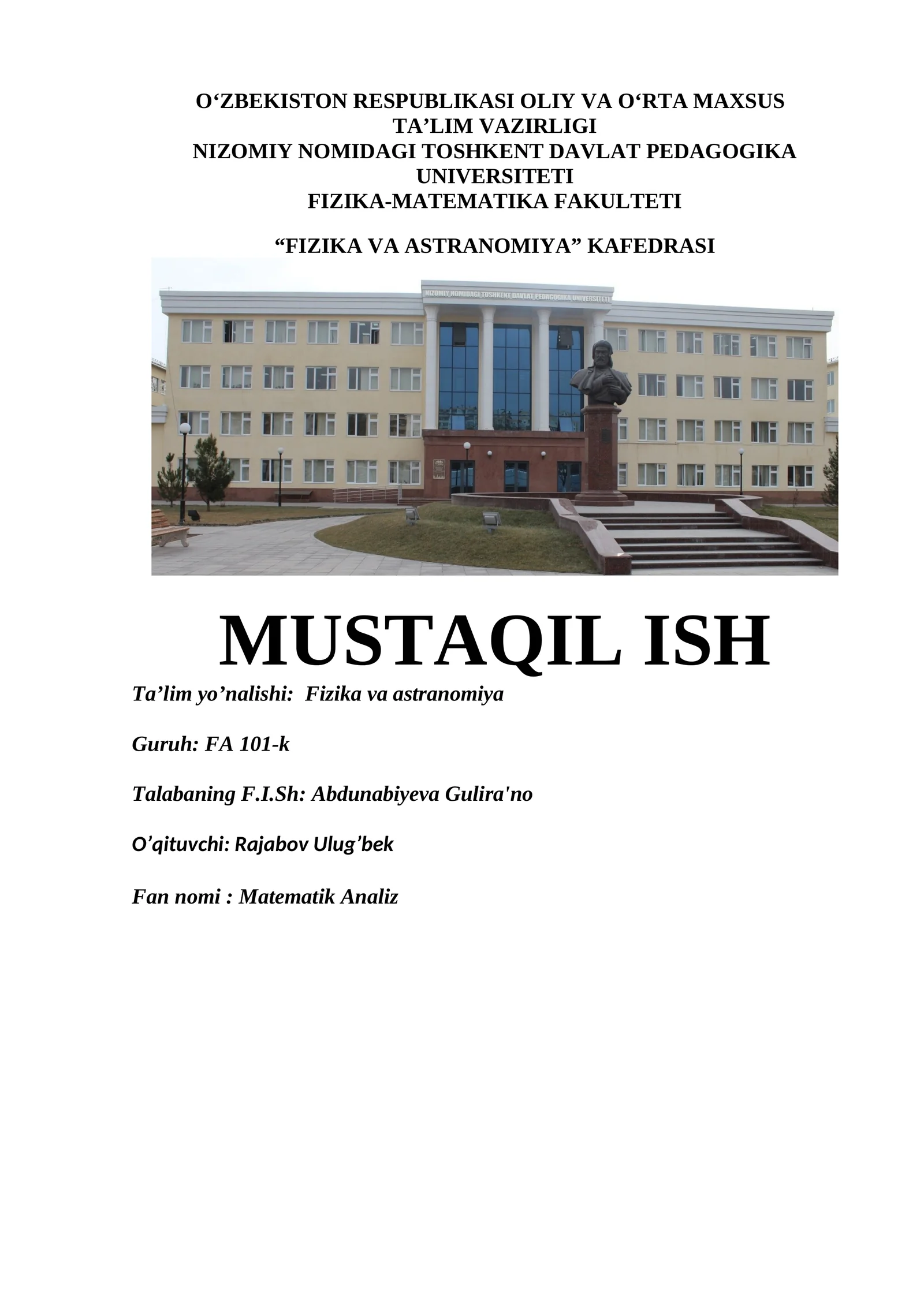 Matematik Analiz: Ikkinchi tartibli hosila yordamida funksiyani ekstremumga tekshirish